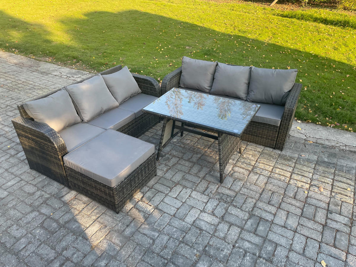 GARTENSET Hohe Rückenlehne Polyrattan 7-Sitzer - Dunkelgrau/Grau, Glas/Kunststoff - Fimous