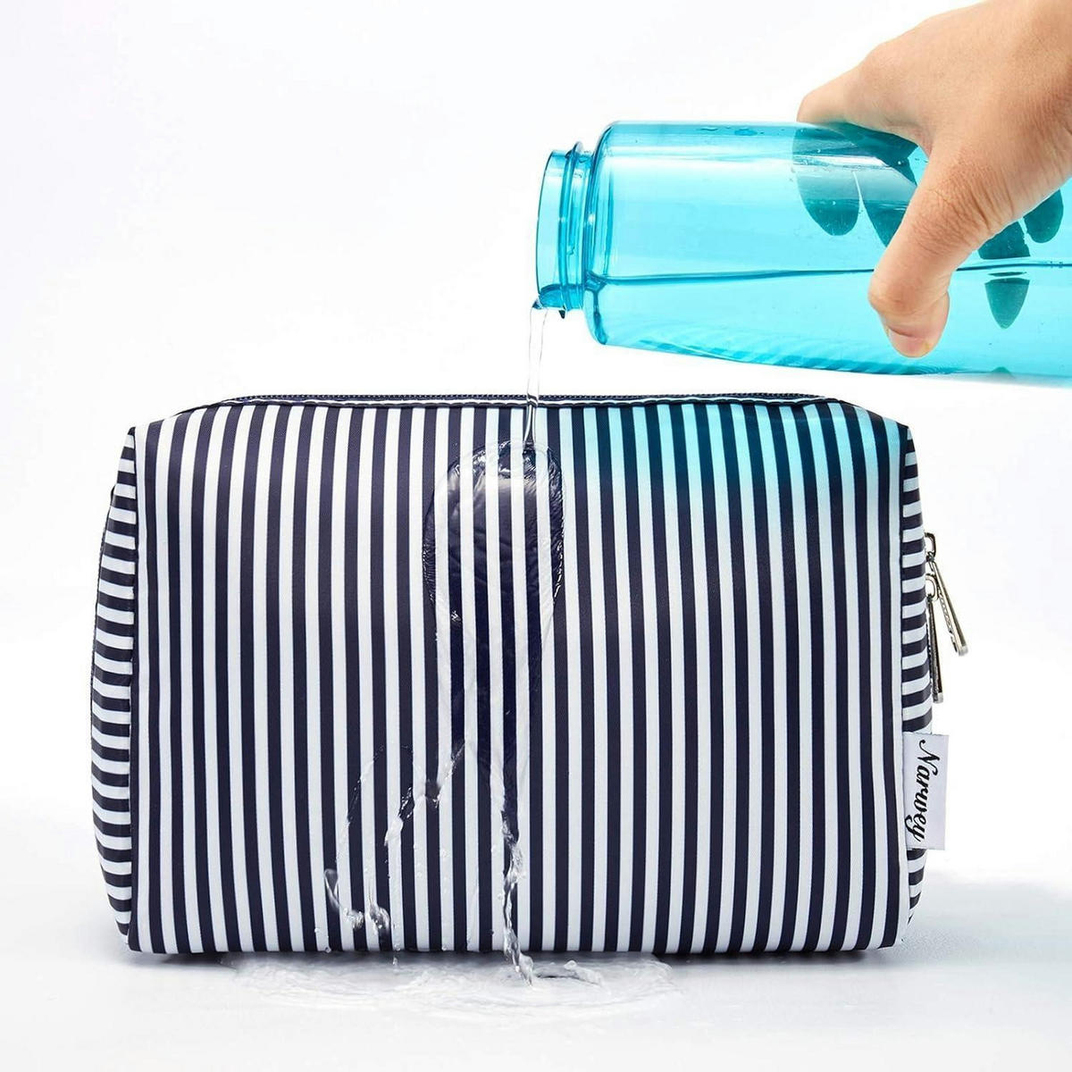 KULTURTASCHE Damen Aqua Flamingo Blau Weiß Gestreift 22 x 15 x 10 cm - Multicolor, Textil (5/5/1cm)