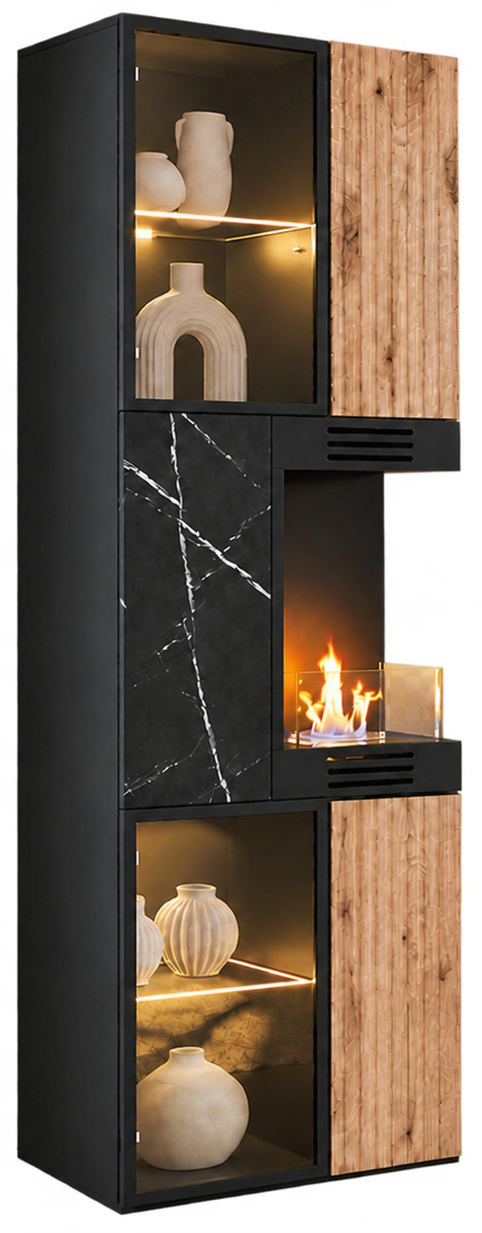 VITRINE schwarz, Vicking Eiche und Marmor schwarz 60 x 182 cm, Vitrinenschrank inklusive Ethanol Kamin - Eichefarben/Schwarz, Glas/Holzwerkstoff (60/182/37cm) - Inn.Furn