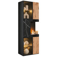 VITRINE schwarz, Vicking Eiche und Marmor schwarz 60 x 182 cm, Vitrinenschrank inklusive Ethanol Kamin - Eichefarben/Schwarz, Glas/Holzwerkstoff (60/182/37cm) - Inn.Furn