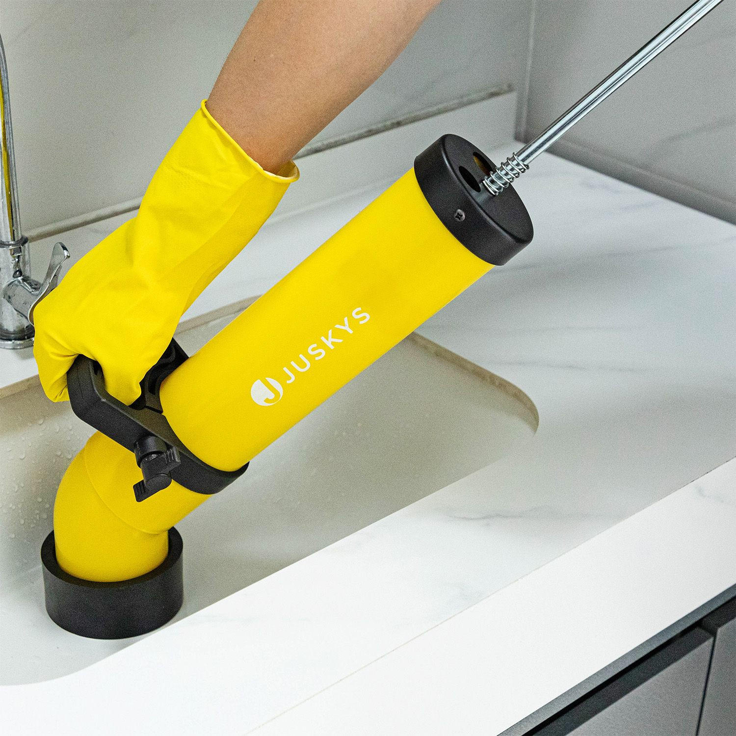 ROHRREINIGUNGSPUMPE Abflussreiniger mit Handschuhen - Gelb, Kunststoff (13/8/55cm) - Juskys