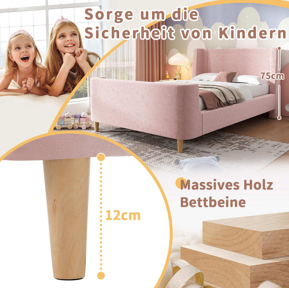 DĚTSKÁ postýlka 90/200 cm s motivem vesmíru, sametovým čalouněním a bezpečnou stabilní konstrukcí, Růžová - růžová, textil (90/200cm) - Redom
