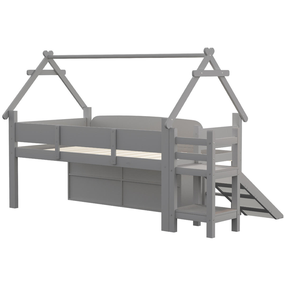 KINDEREINZELBETTEN aus Massivholz 90 x 200 cm in Grau mit Rutsche & Stauraum - Grau, Holz (90/200cm) - Modfu