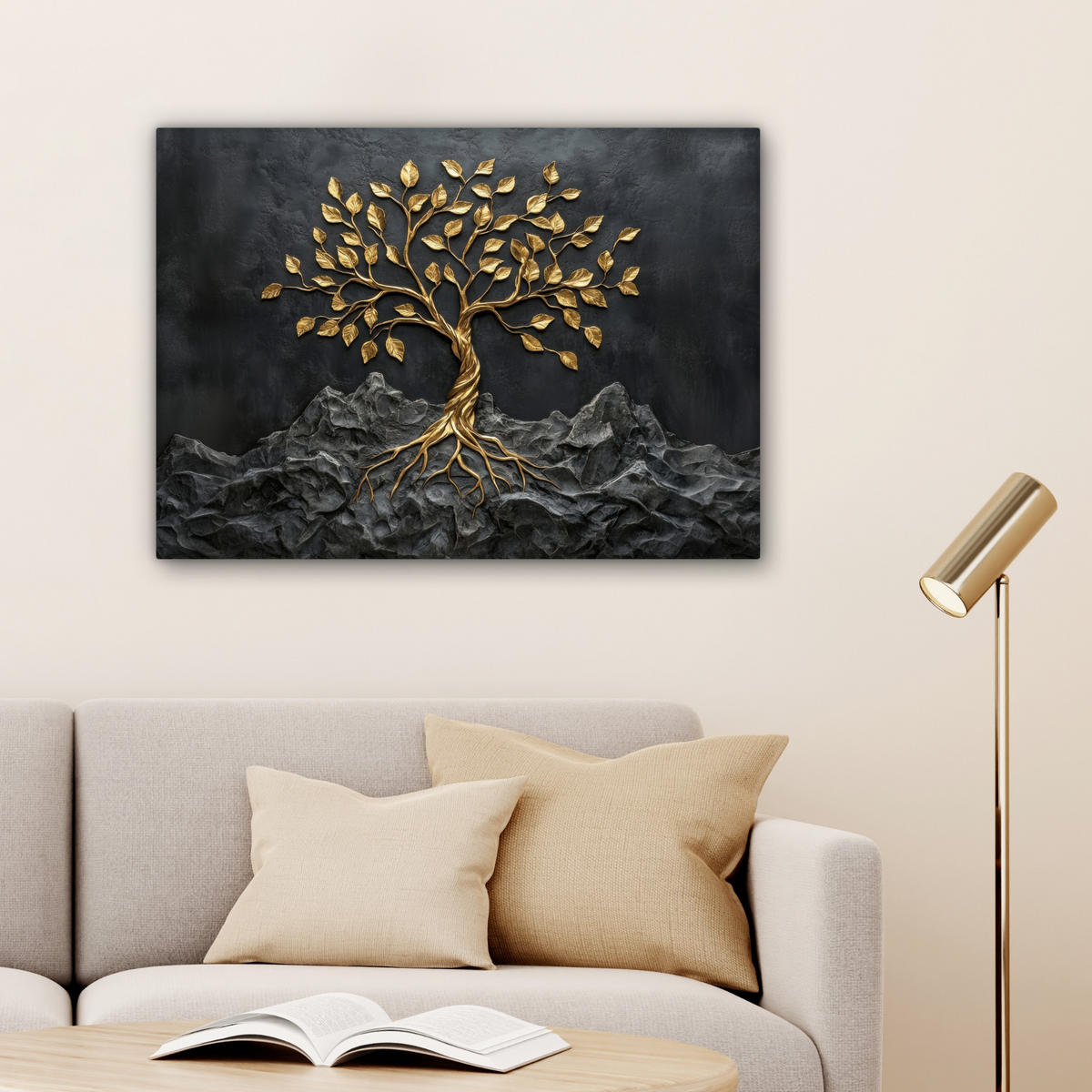 LEINWANDBILD Blätter - Gold - Baum - Fels Wandbilder 80x60 cm - Schwarz, Textil (80/60cm) - MuchoWow
