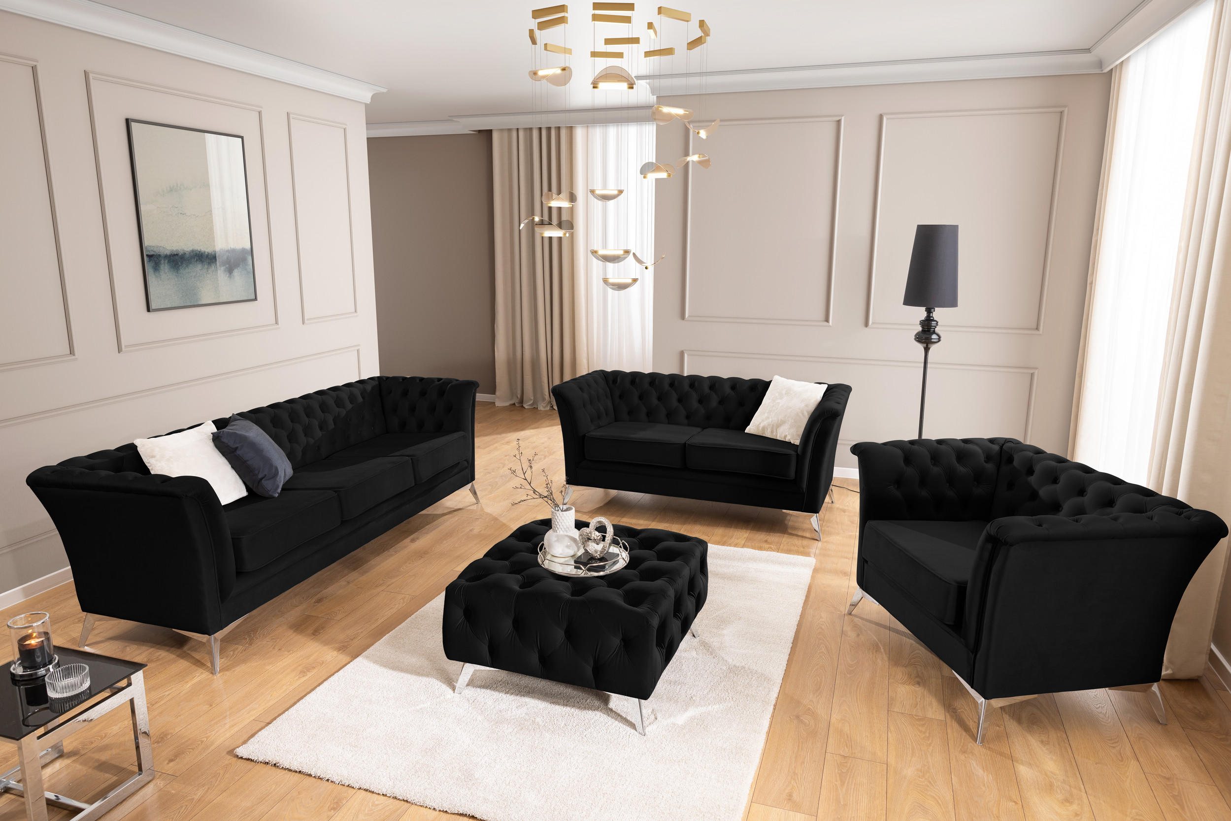 SITZGARNITUR 3+2 Chesterfield Whitby Schwarz Samt mit silbernen Füßen - Silberfarben/Schwarz, Holz/Textil (237/78/82cm) - S-Style Möbel