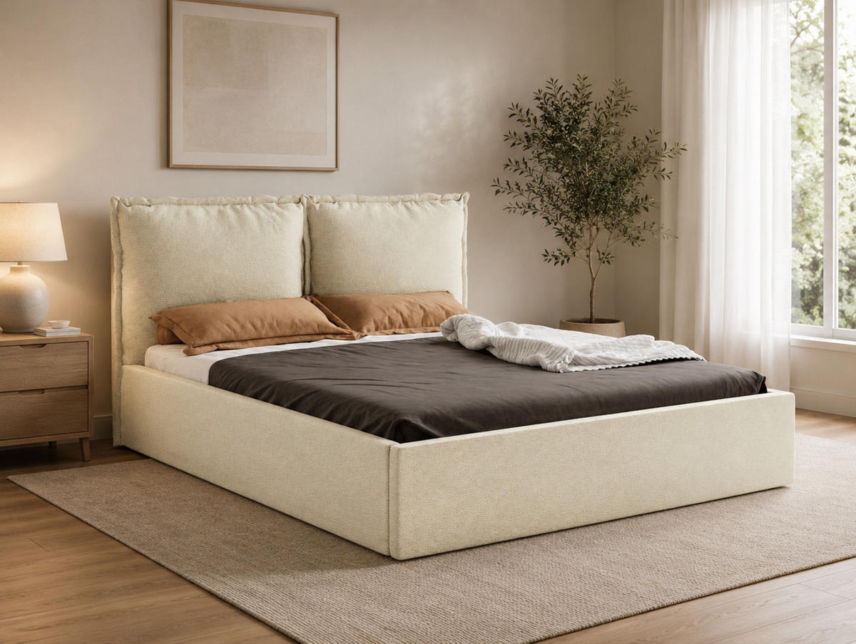 POLSTERBETT MIRA 180x200 cm mit Bettkasten, Stauraum und Metall-Lattenrost – VIBE Creme - Creme/Schwarz, Textil/Metall (180/200cm) - Luxkor24