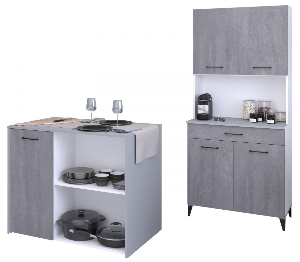 MINIKÜCHE grau, weiß, Set 2-teilig mit Buffet, Kücheninsel - Weiß/Grau, Holzwerkstoff (183/180/65cm) - Parisot Meuble