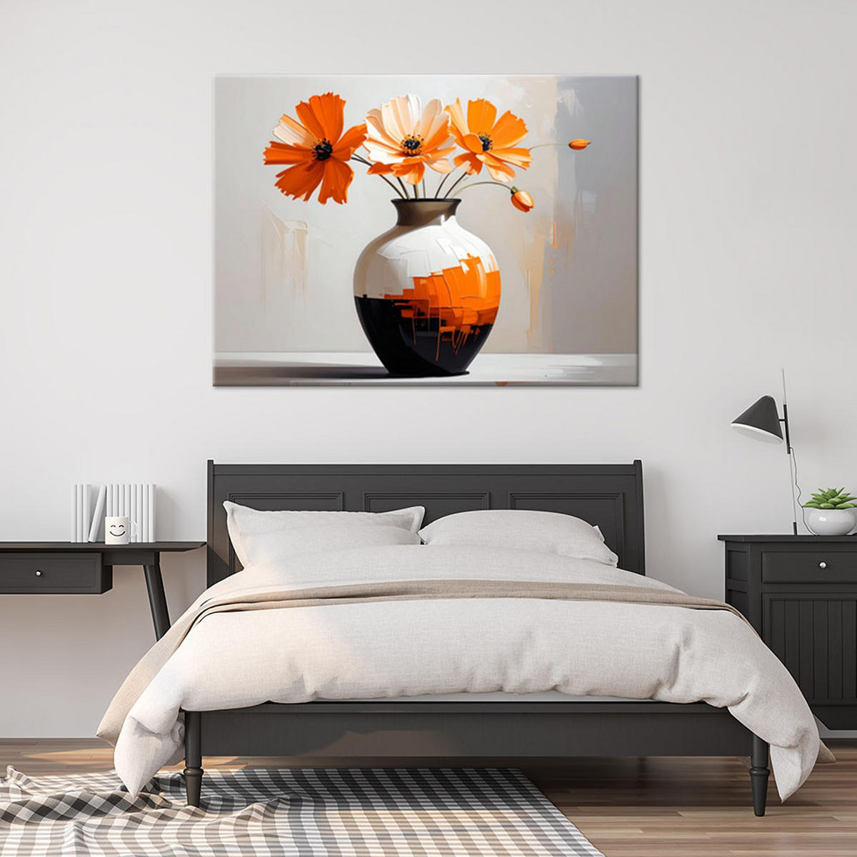 BILD auf Leinwand, Orangefarbene Blumen in einer dekorativen schwarz-weißen Vase - Orange, Textil (45/30cm) - Feeby