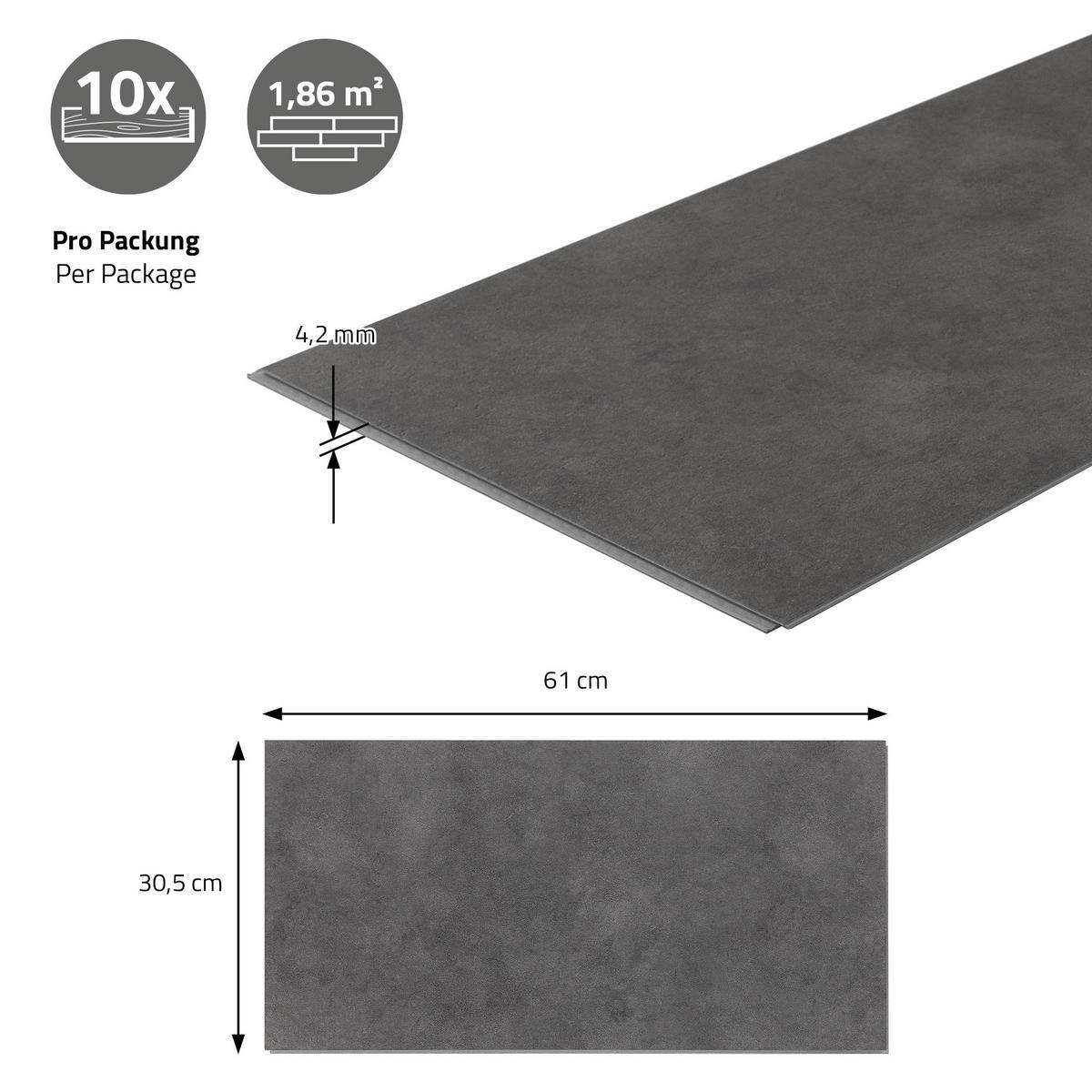 VINYLOVÁ PODLAHA s klikovým systémem 1,86 m²/10 lamel, PVC podlahová krytina, dub rustikální světlý, vzhled dřeva - tmavě šedá, plast/umělá hmota (61.5/31/0.42cm) - ML-DESIGN