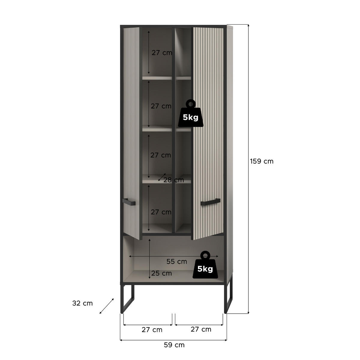 BADEZIMMERSCHRANK mit 2 Türen und 2 Nischen, Kaschmir 32/159/59 cm - Beige, Holzwerkstoff (32/159/38cm) - Calicosy