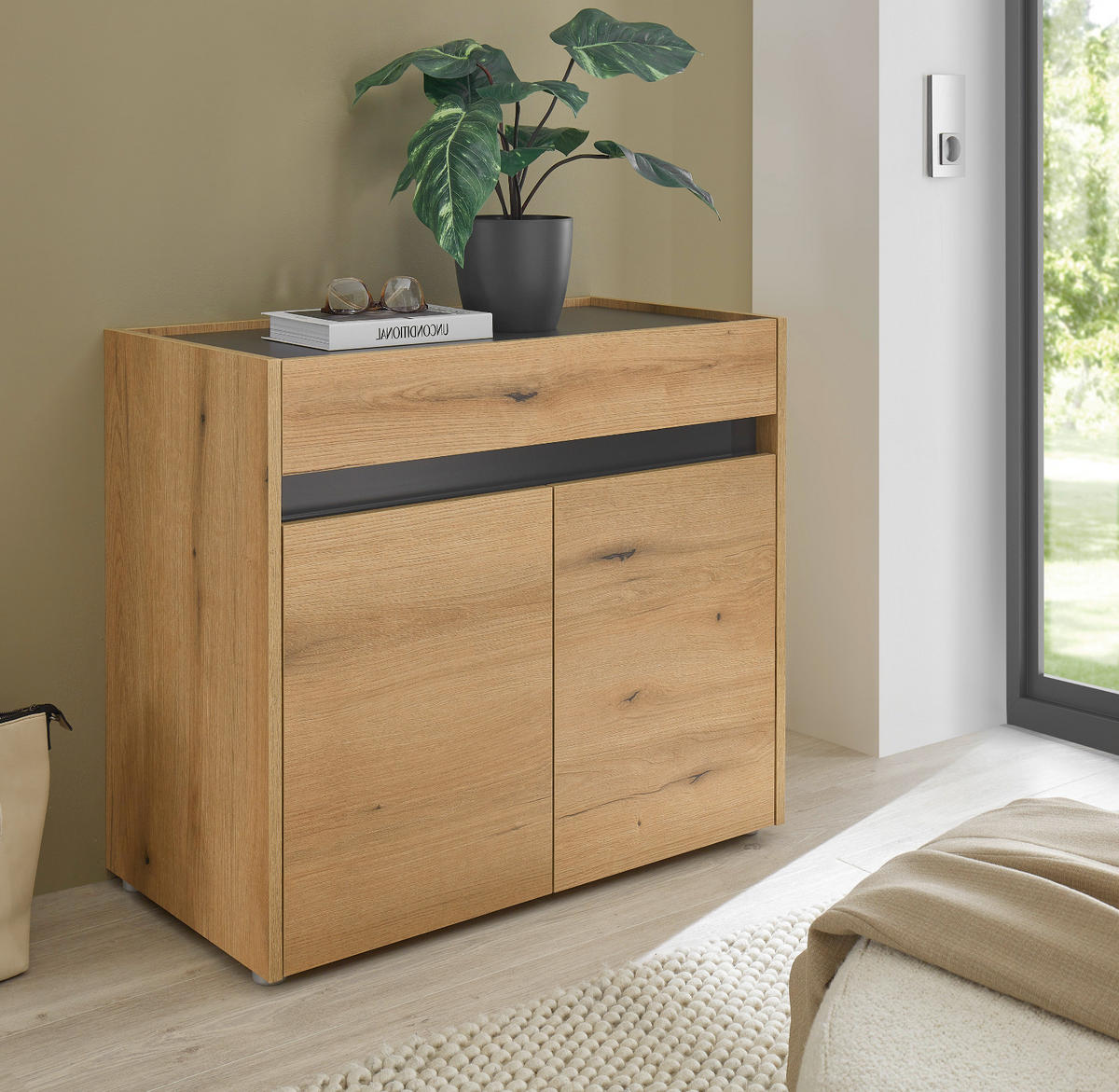 SCHUHSCHRANK Evoke Eiche, grau 80 x 70 cm, Flurkommode mit viel Stauraum - Eichefarben/Schwarz, Holzwerkstoff/Kunststoff (80/70/40cm) - Furn.Design