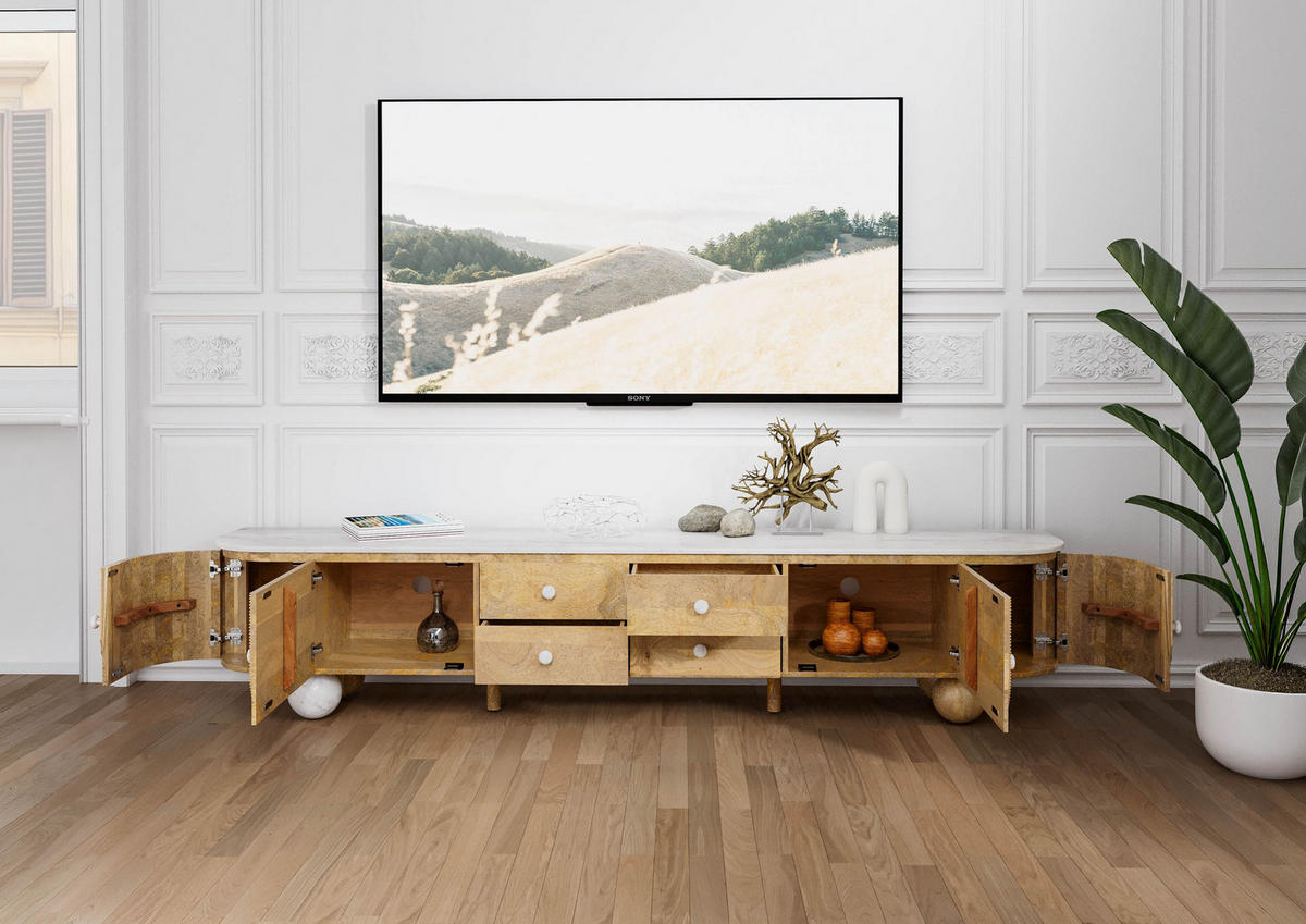 TV-BOARD Mango 240x40x50 natur lackiert / Marmor weiß FLORENZ #103 - Naturfarben, Holz (240/50/40cm) - Massivmoebel24