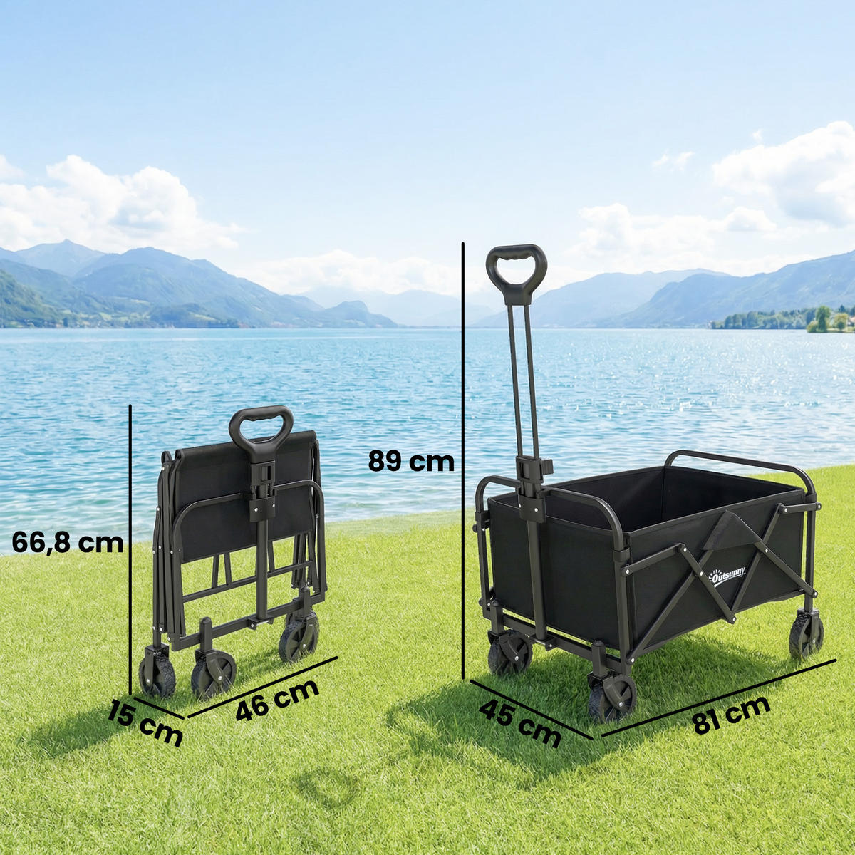 GARTENWAGEN DE-10548 faltbar, 66 L, verstellbarer Griff Schwarz - Schwarz, Metall (45/89/81cm) - ComfortXL
