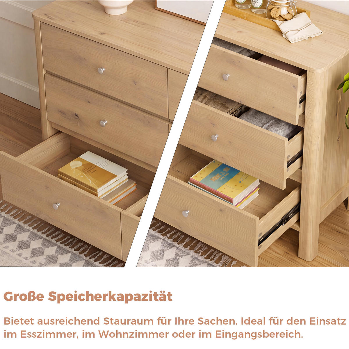 KOMMODE DE-38200 120/40/80 cm mit 6 Schubladen Eiche/Silber - Eichefarben, Holzwerkstoff (120/80/40cm) - ComfortXL