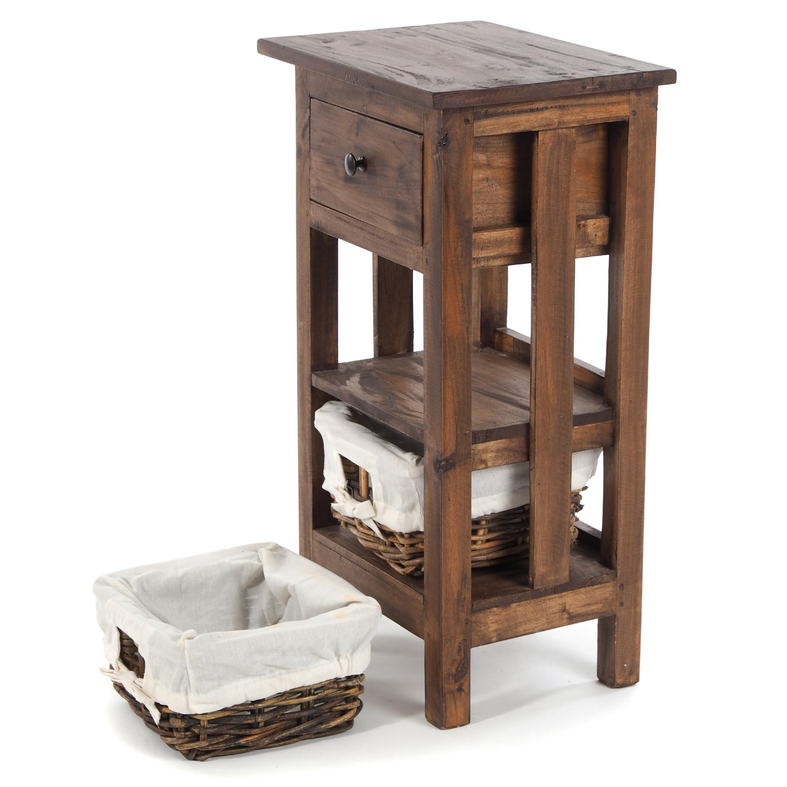 TELEFONTISCH RATTAN 70 mit 2 Rattan-Körben und Schublade, Mahagoni massiv 03 dunkelbraun - Dunkelbraun, Holz (28/38/70cm) - DESIGN DELIGHTS