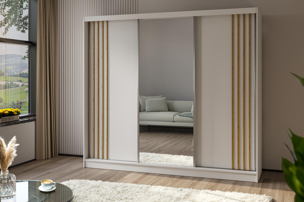 SCHWEBETÜRENSCHRANK Neli 240 cm mit Lamellen und Spiegel 3-türig, weiß, weiß, Lamelle Artisan - Weiß/Eiche Artisan, Kunststoff (240/216/61cm) - Margaret Hadas24