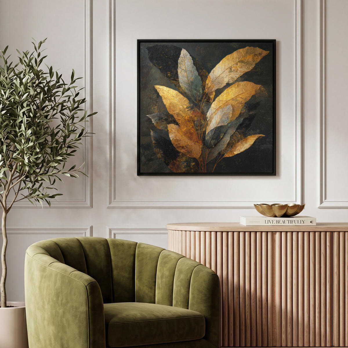 LEINWAND Bilder mit Rahmen - Golden Leaf Komposition - Botanical Luxury - 50x50 - Goldfarben, Textil (50/50cm) - MuchoWow