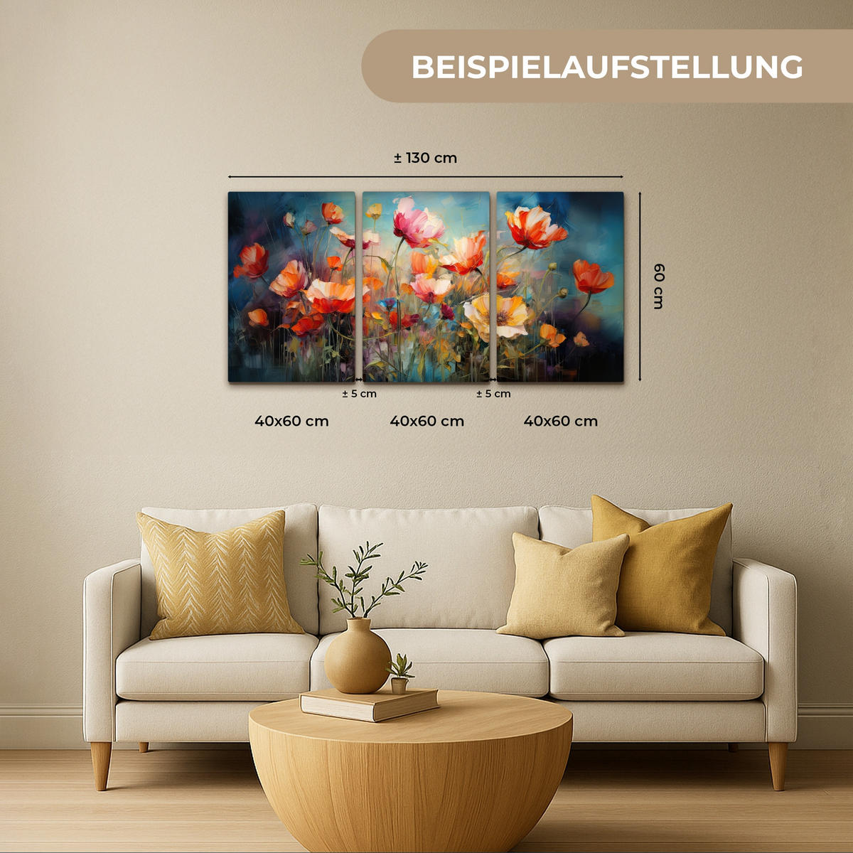 LEINWANDBILD 3er Set Blumen - Bunt - Abstrakt 120x60 cm - Blaugrau, Textil (120/60cm) - MuchoWow