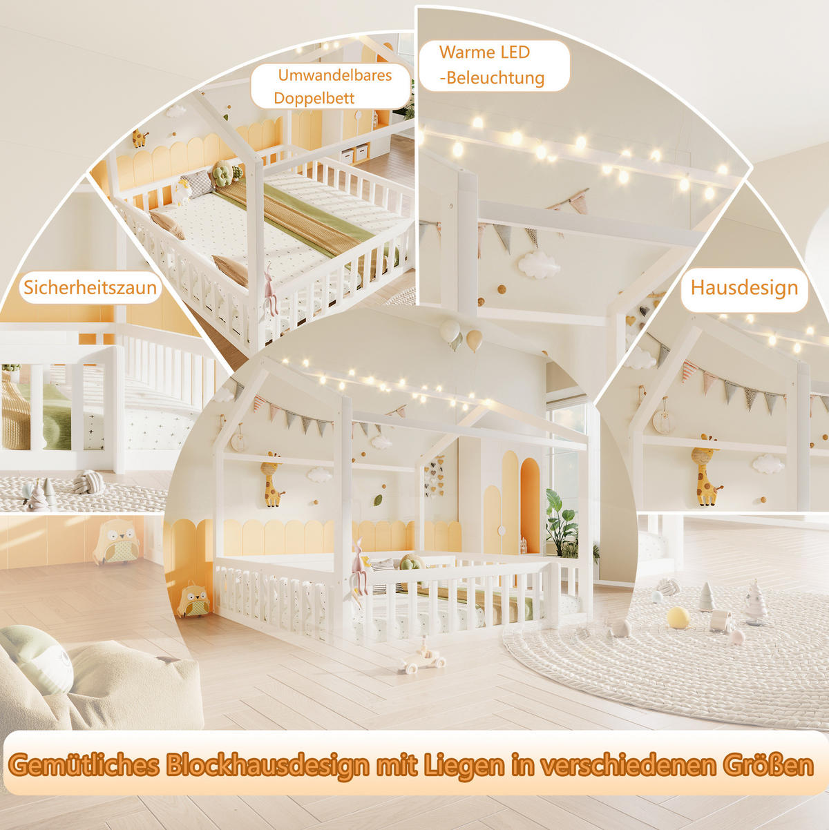 KINDERBETT aus Kiefernholz 90x190/180x190 cm Weiß mit Schutzgitter, Hausrahmen und LED-Beleuchtung - Weiß, Holzwerkstoff (90/190cm) - IVMEU