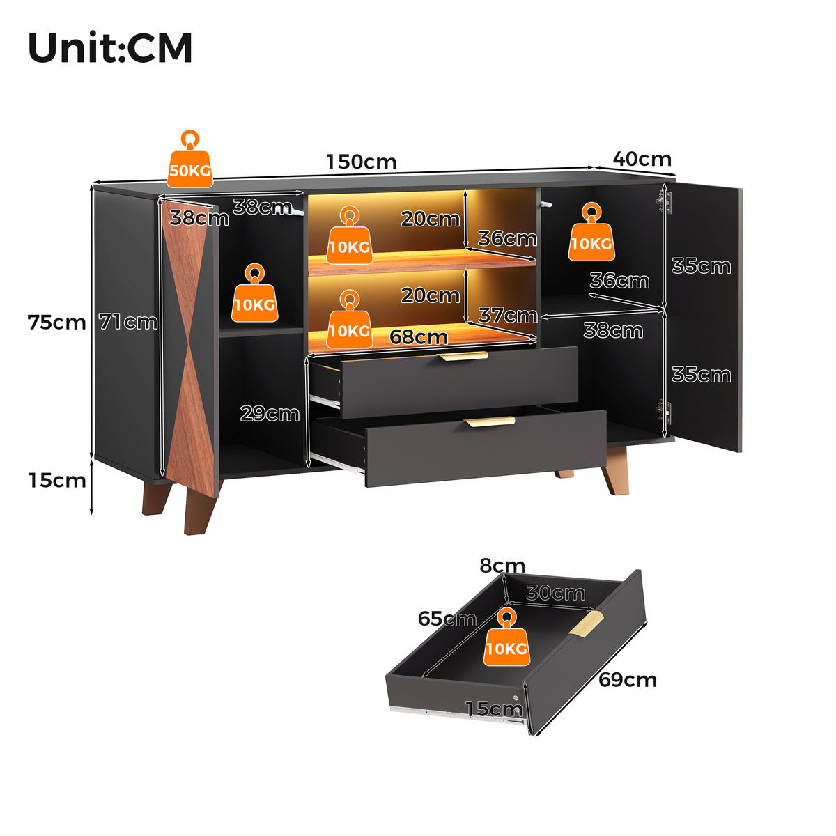 SIDEBOARD DE-38759 150/40/90 cm LED-Beleuchtung und 2 Schubladen Weiß - Schwarz, Holzwerkstoff (150/90/40cm) - ComfortXL