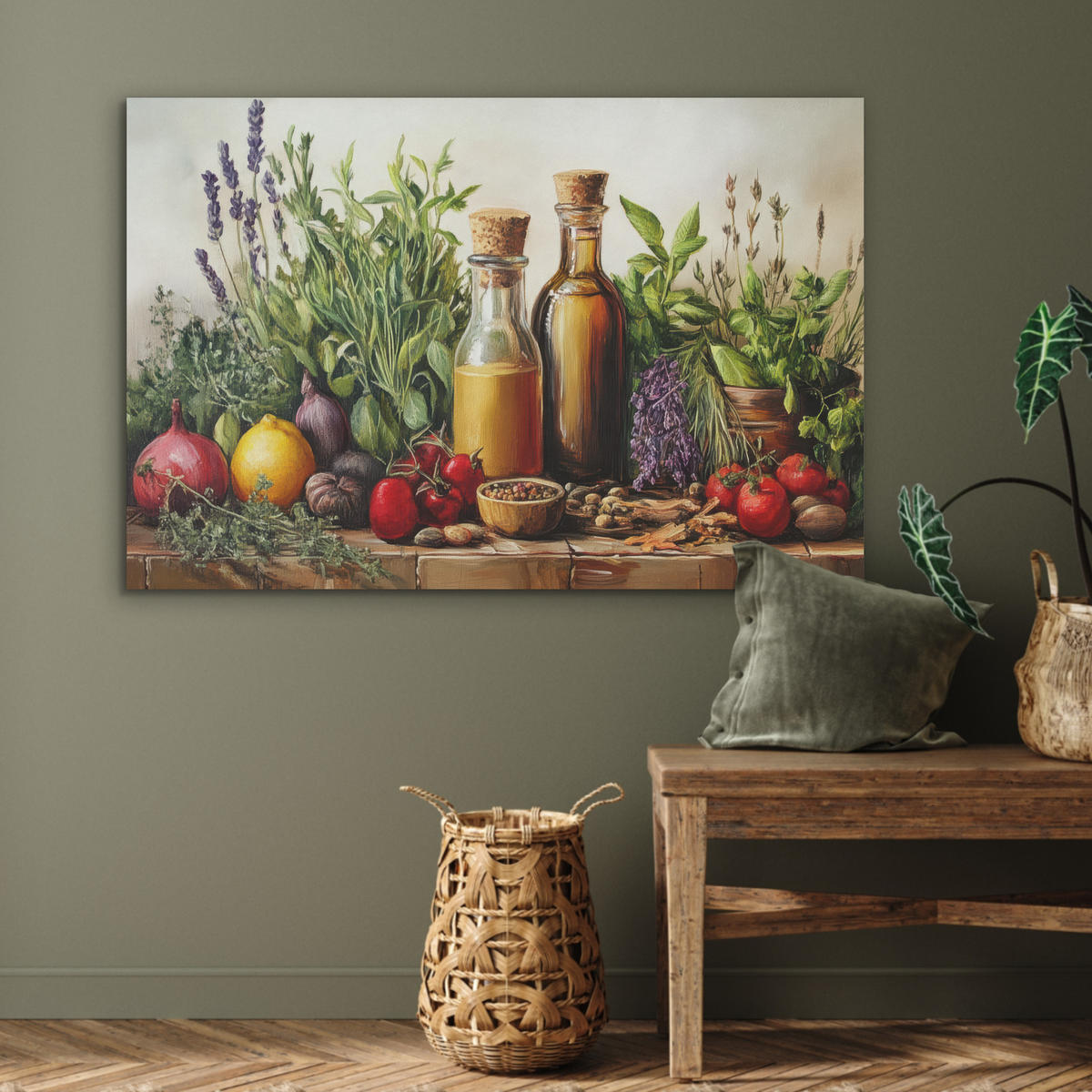 AKUSTIKPANEEL Stilleben - Kräuter - Gewürze - Früchte - Farbenfroh 100x70 cm - Grün, Textil (100/0.9/70cm) - MuchoWow