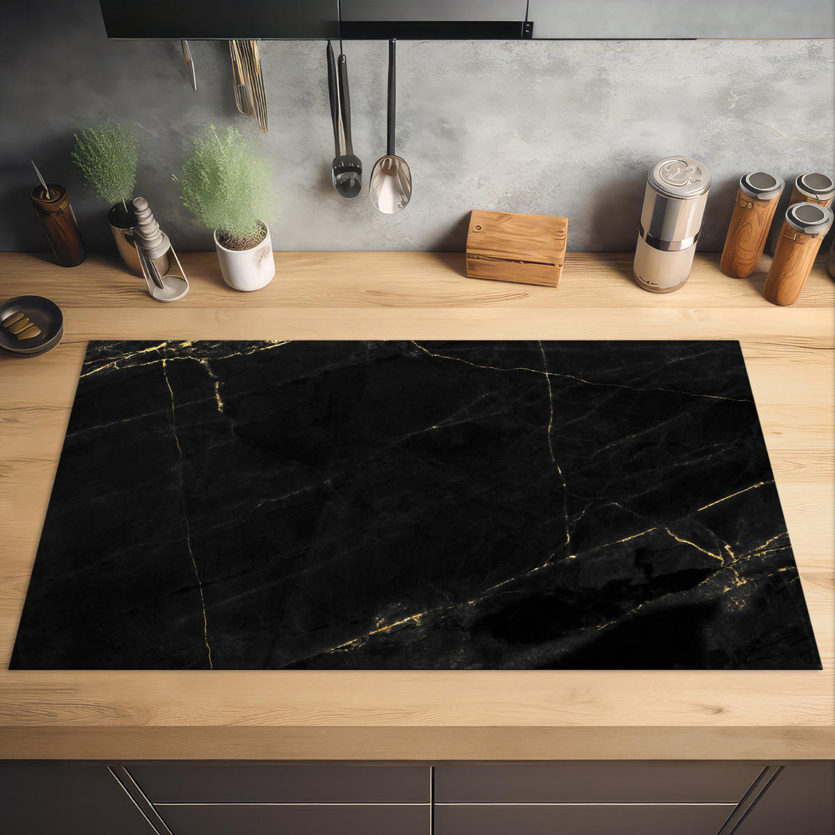 HERDABDECKPLATTE Marmor - Schwarz - Gold - Chic - Marmoroptik - Design Induktionsschutz 91.2x52 cm - Schwarz, Kunststoff (91.2/52/0.2cm) - MuchoWow