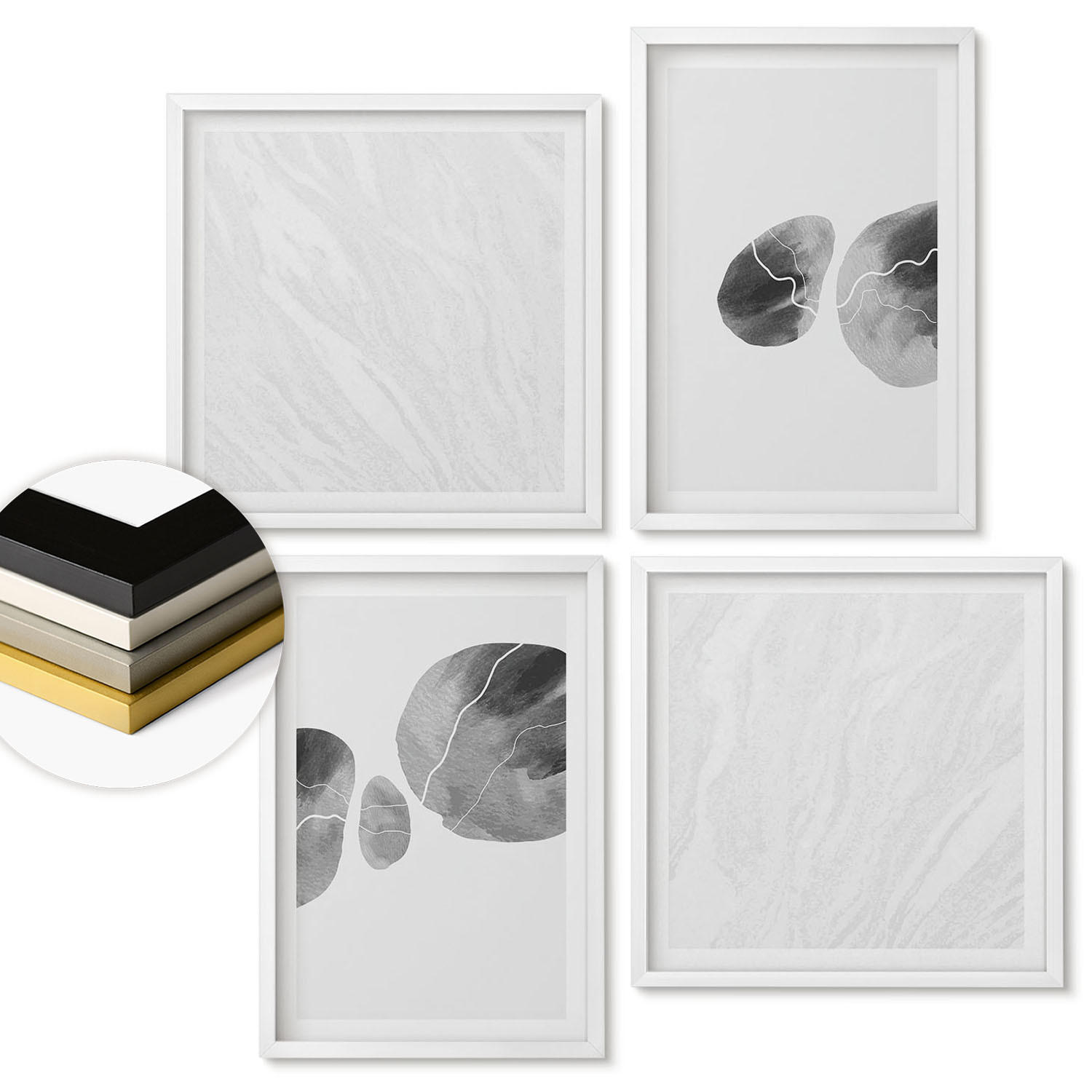 WANDBILDER 4er-Set - 50x50 cm & 40x60 cm Weißer Rahmen - Abstrakte Kunst, Farbspritzer - Weiß, Kunststoff (50/50cm) - ArtPrintCave