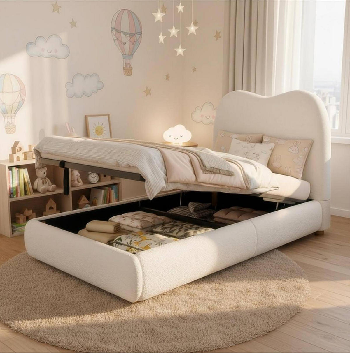 POLSTERBETT mit Stauraum 90x200 cm Bouclé Beige mit Lattenrost - Beige, Metall (90/200cm) - Beauniv