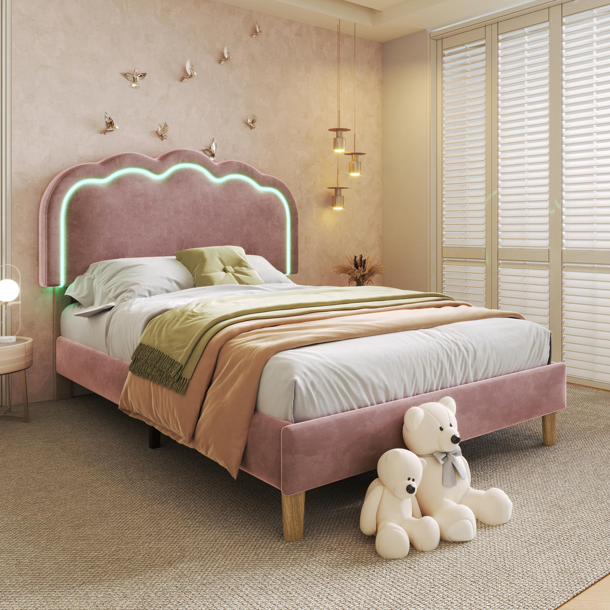 SAMT-POLSTERBETT 90/190 cm in Rosa mit LED-Beleuchtung und verstellbarem Kopfteil - Pink, Textil (90/200cm) - BEAOK