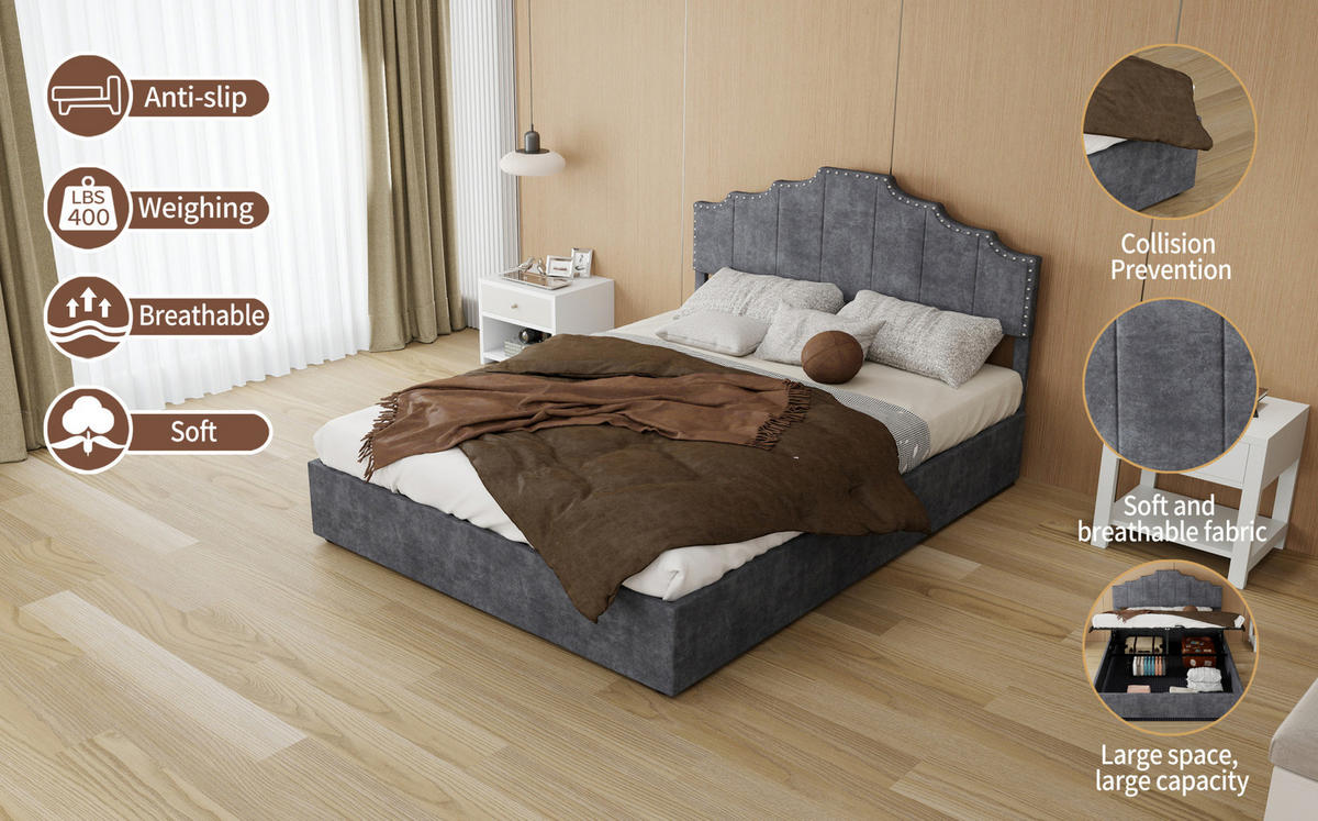 POLSTERBETT 140/200 cm mit Matratze, geometrischem Kopfteil und Bettkasten, Grau - Grau, Textil (140/200cm) - Redom