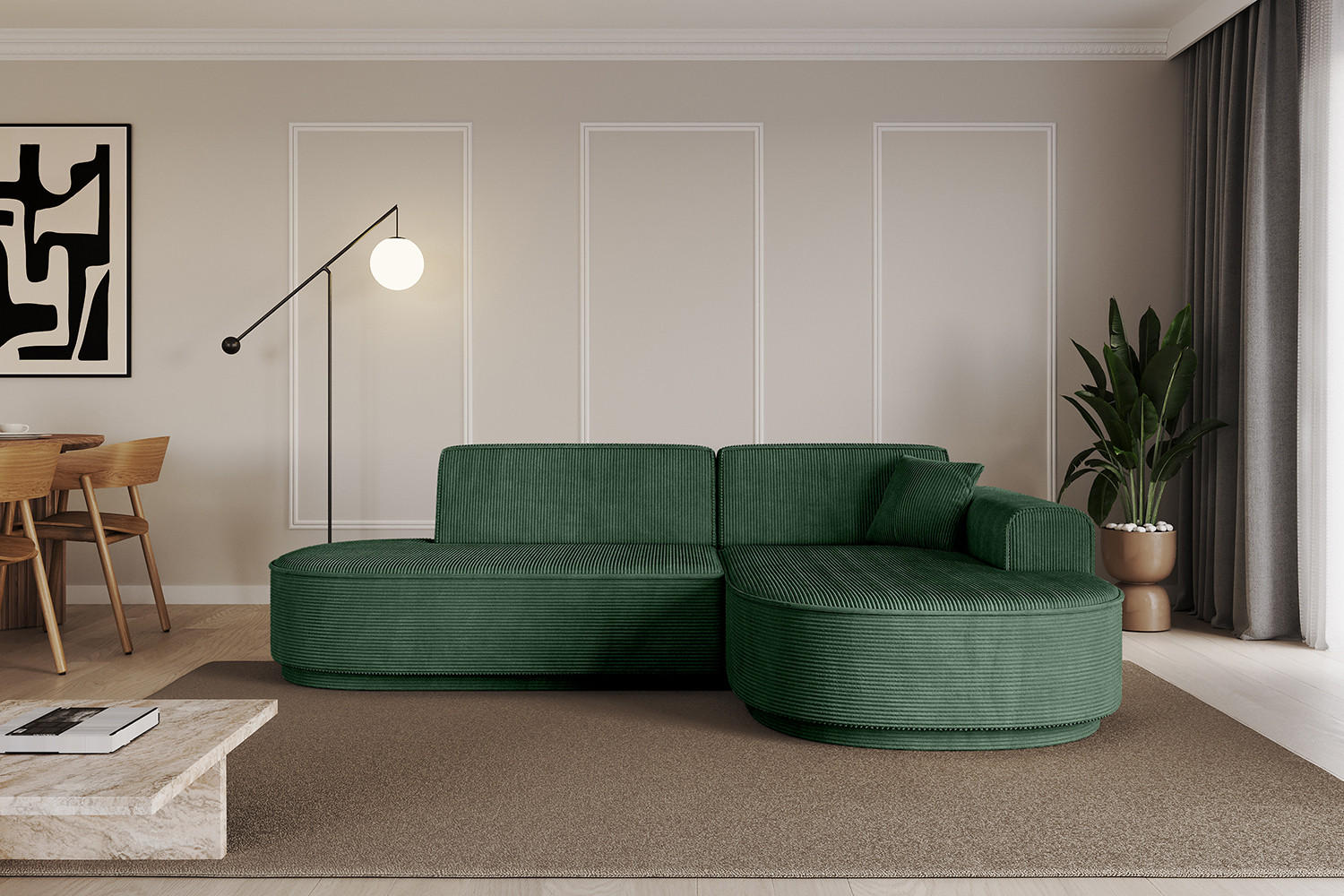 ECKSOFA Ottomane Rechts MARI-L1-v3 - 232x163x81 cm Grün Cord - Schwarz/Grün, Holzwerkstoff/Kunststoff (232/163cm) - ALTDECOR