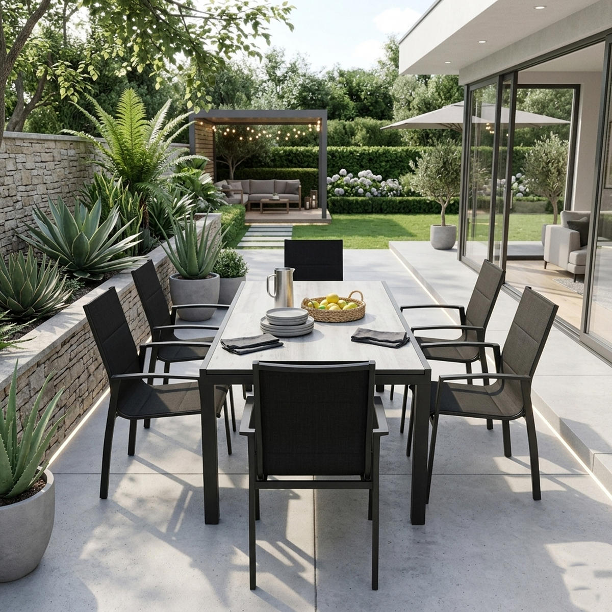GARTEN-GARNITUR Ashford - 7-teilige Garten-Essgruppe (6x Stapelsessel mit Armlehnen, 1x Ausziehtisch 180/240x100cm), Gestell Aluminium - Schwarz, Metall - TPFGarden