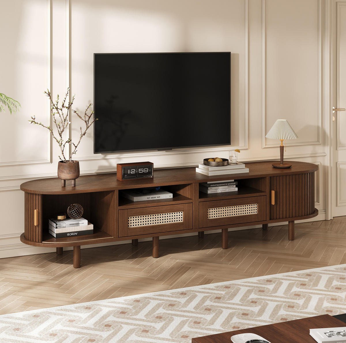 TV-LOWBOARD aus MDF 170x40x40 cm Dunkle Eiche mit 2 Schubladen, 2 Schiebetüren und ovaler Form - Braun, Holzwerkstoff (170/40/40cm) - Modfu