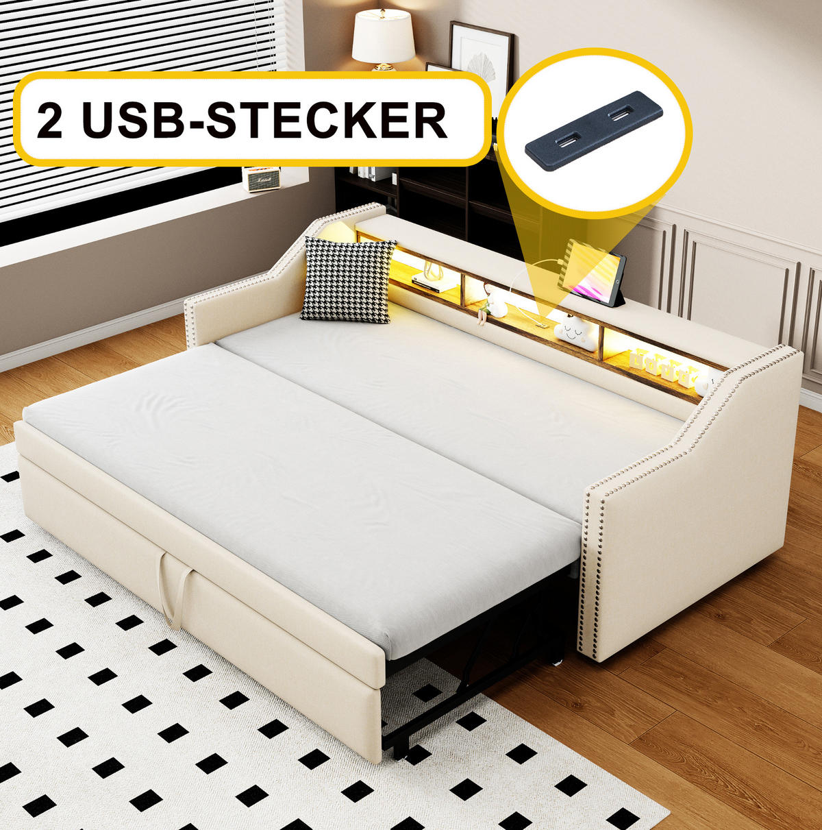 BETT 90/180/190 cm Beige aus Leinenstoff mit Bett - Beige, Textil (90/190cm) - OKMYHOME