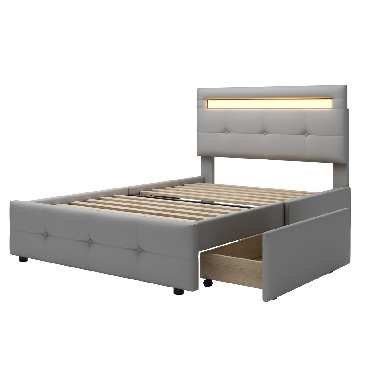 POLSTERBETT mit LED und 2 Schubladen 90x200 cm Grau - Grau, Holzwerkstoff (90/200cm) - Beauniv