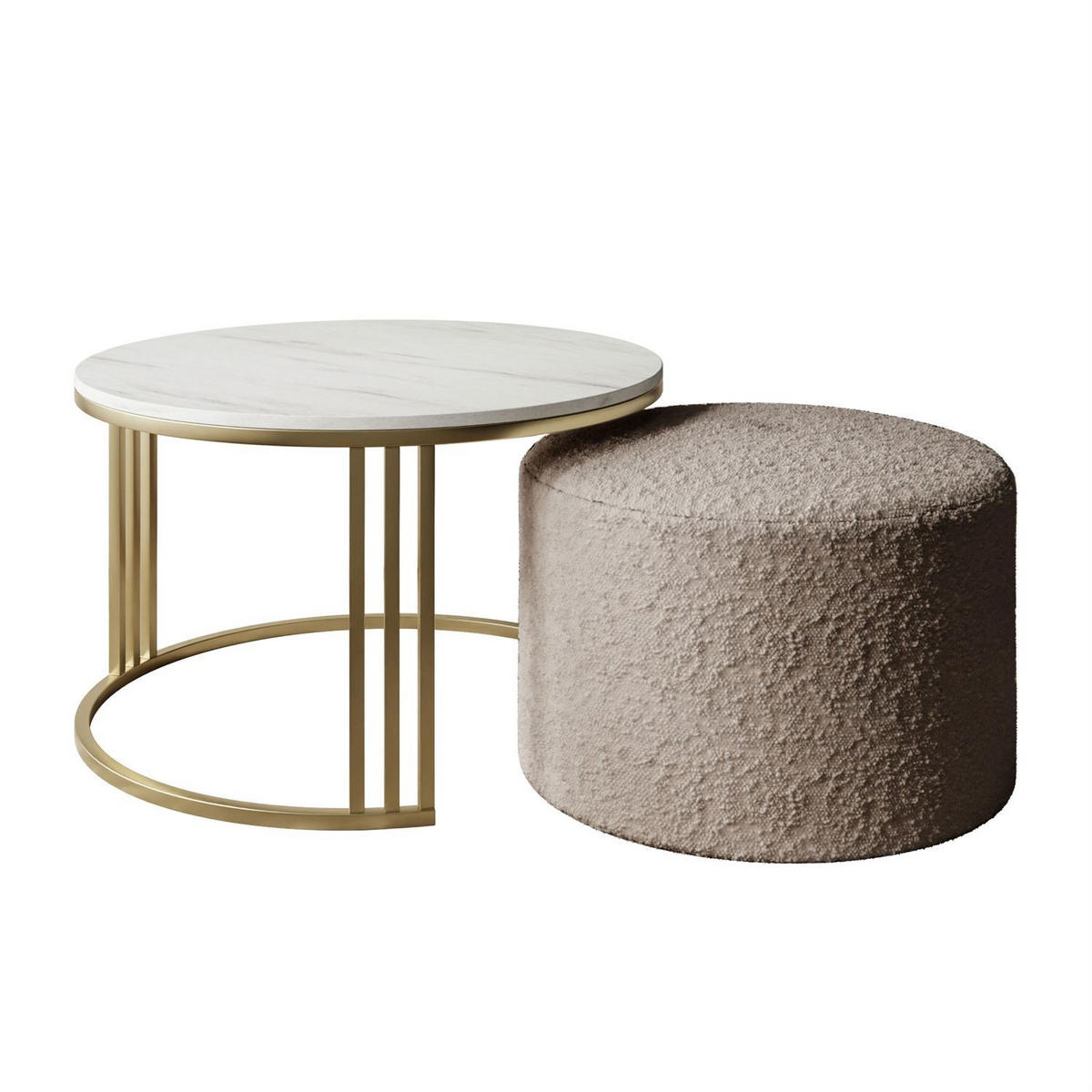 COUCHTISCH mit Hocker LORI MAT gebürstetes Gold/Marmor Levanto/Coral 50 - Weiß, Metall (70/70/49cm) - Lookway