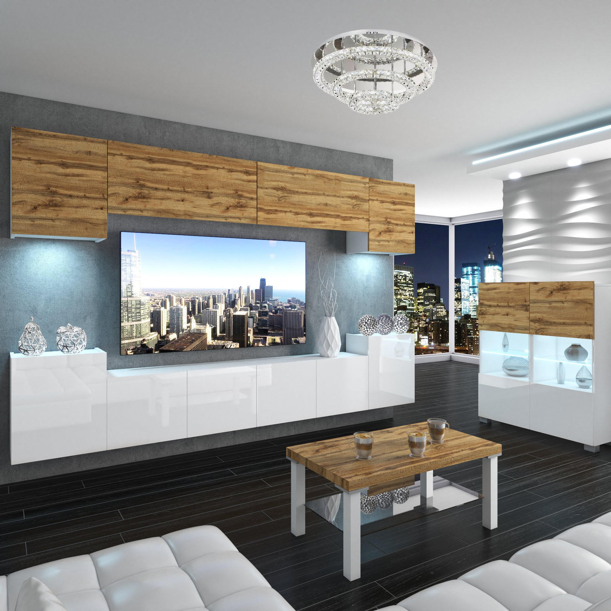 WOHNZIMMERWAND Schrankwand mit LED Eiche Wotan Top / Weiß - Eiche Wotan/Weiß, Holz (300/180/36cm) - B BELINI GROUP