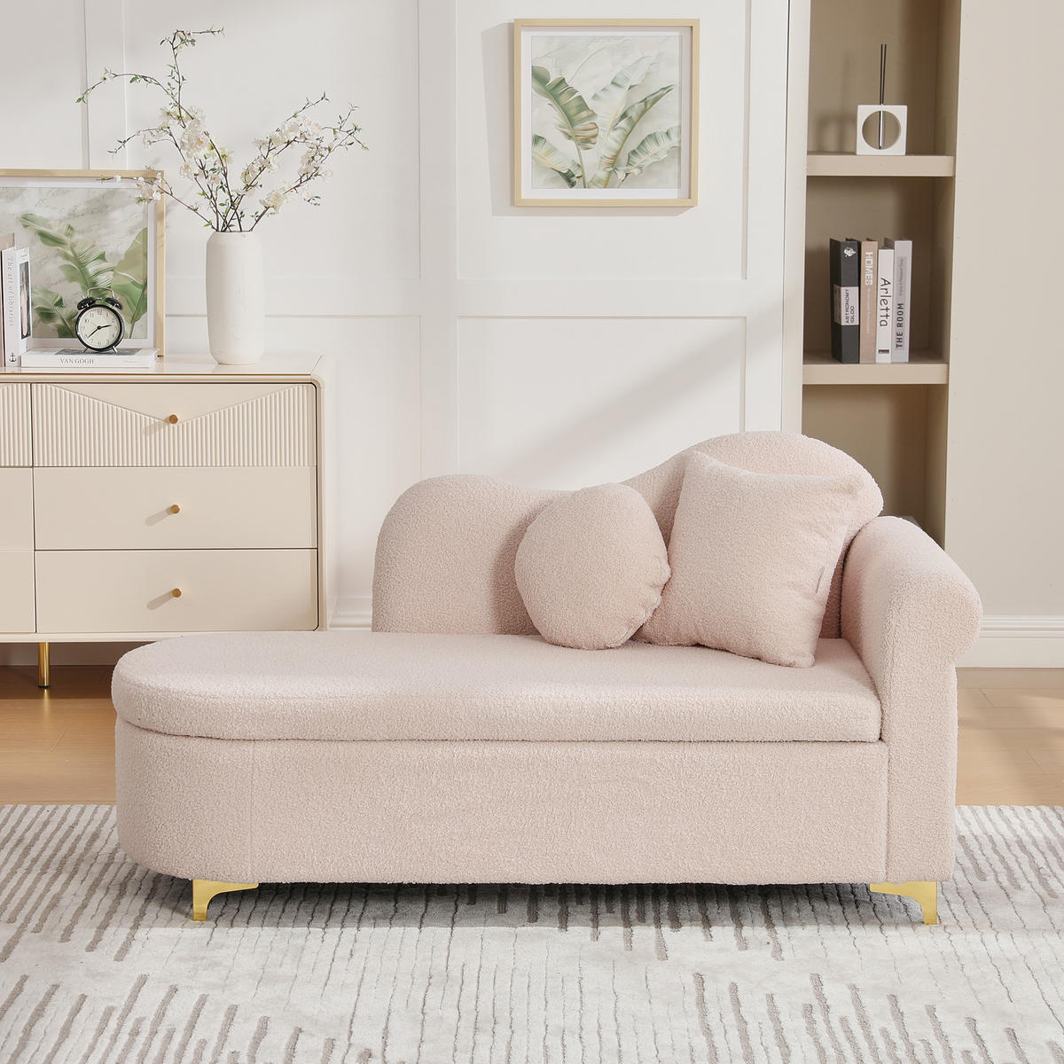 RÉCAMIERE Teddystoff Hellrosa mit Stauraum und mit Kissen - Hellrosa, Holzwerkstoff/Textil (134/70/64cm) - WISHDOR