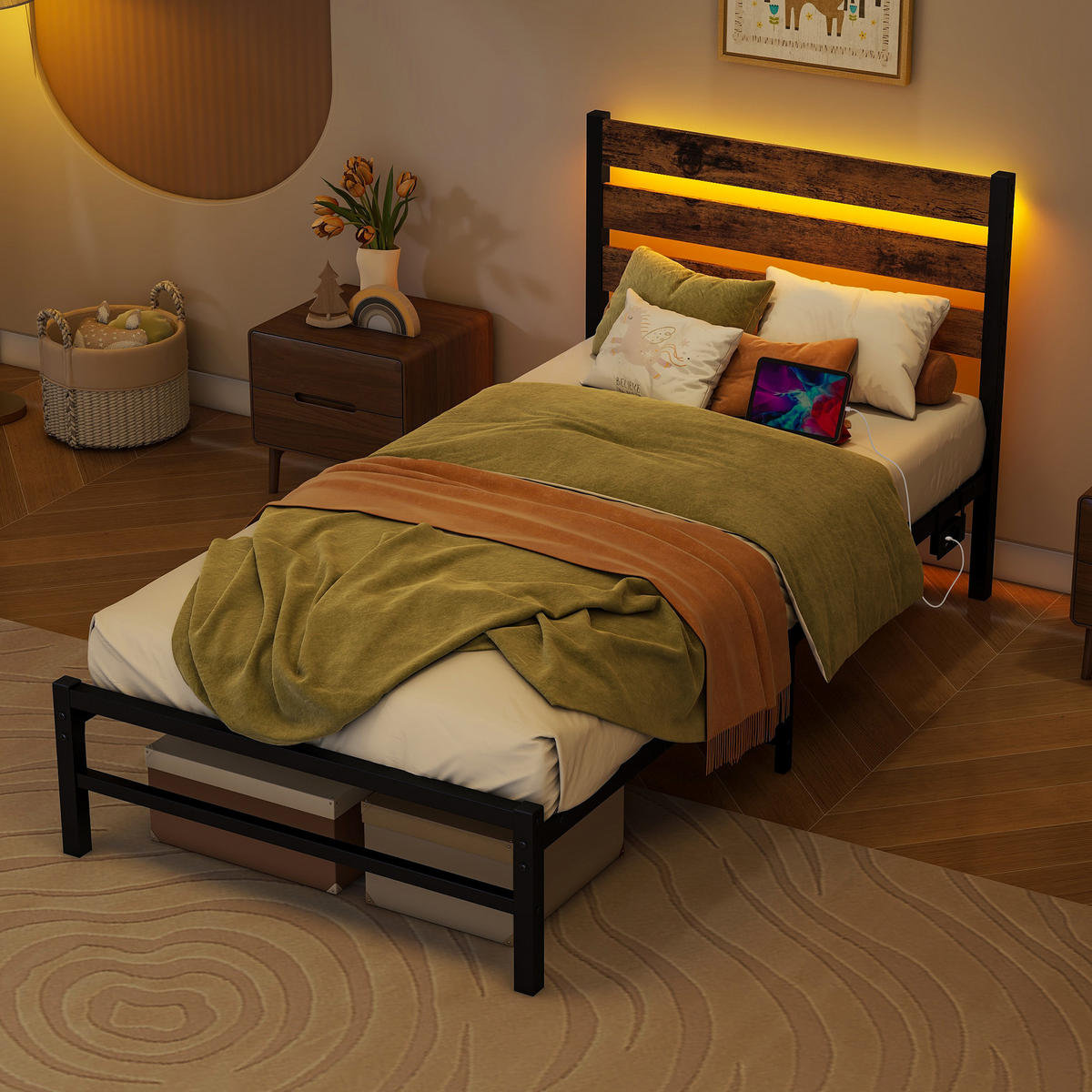 METALLBETT 90/200 cm Braun mit USB-Ladestation und LED-Bettrahmen - Braun, Metall (90/200cm) - Oxeza