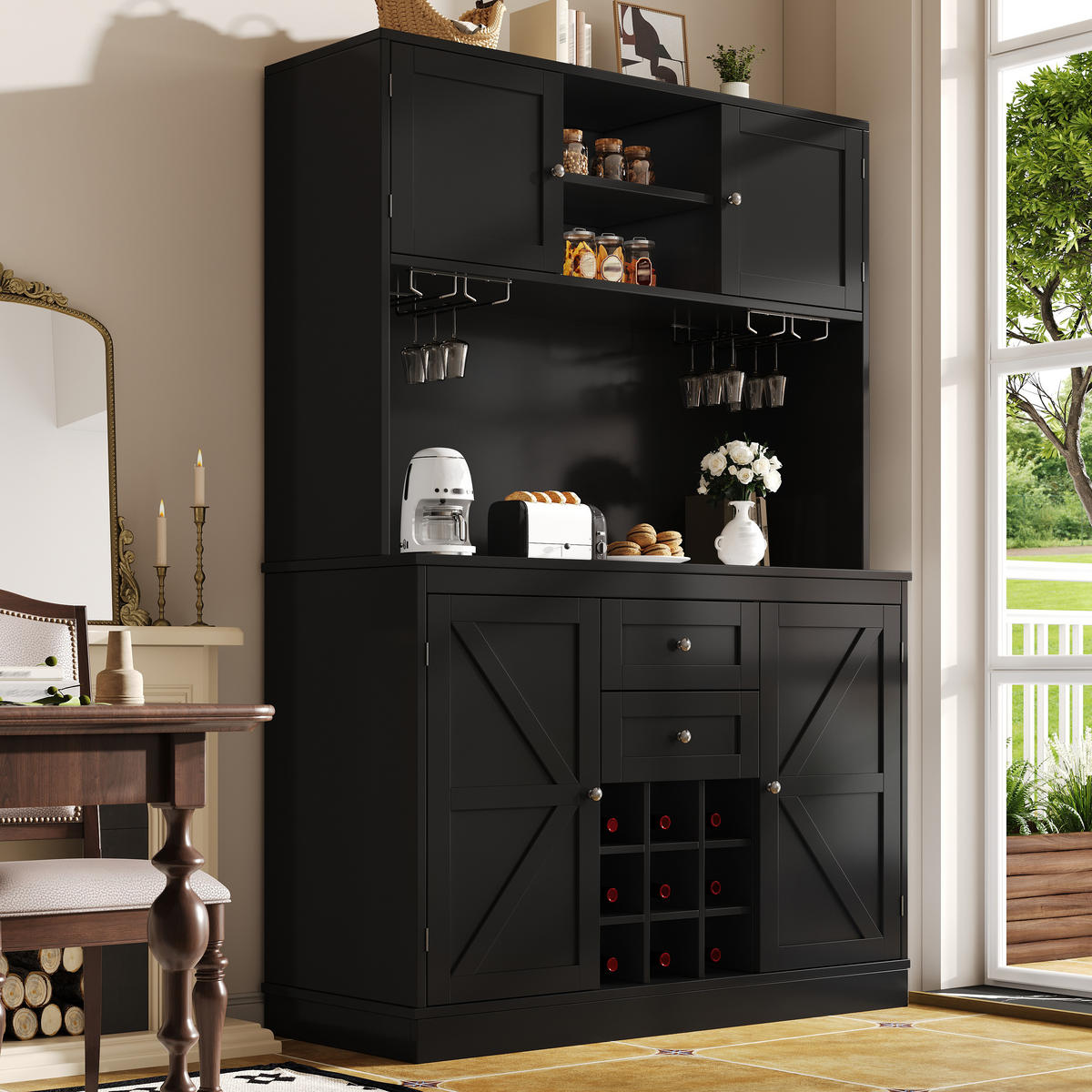 KÜCHENSCHRANK Weinregal 4 Türen 2 Schubladen Schwarz - Schwarz, Holzwerkstoff (120/188/40cm) - FLIEKS