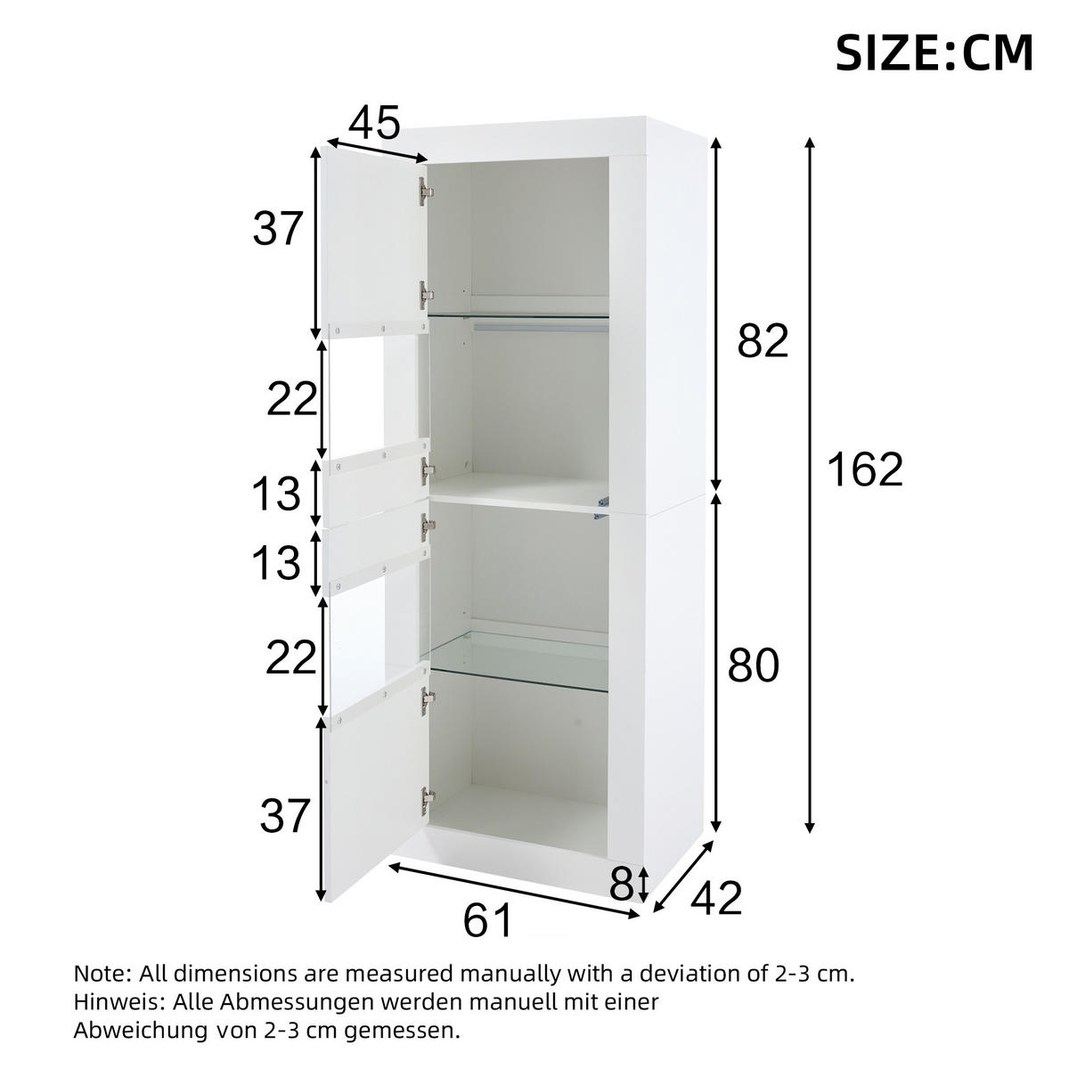VITRINE in Weiß Highboard mit LED-Beleuchtung und Glasboden für Wohnzimmer und Schlafzimmer, B61/T42/H162 cm - Weiß, Glas/Holzwerkstoff (61/162/42cm) - STILVORA