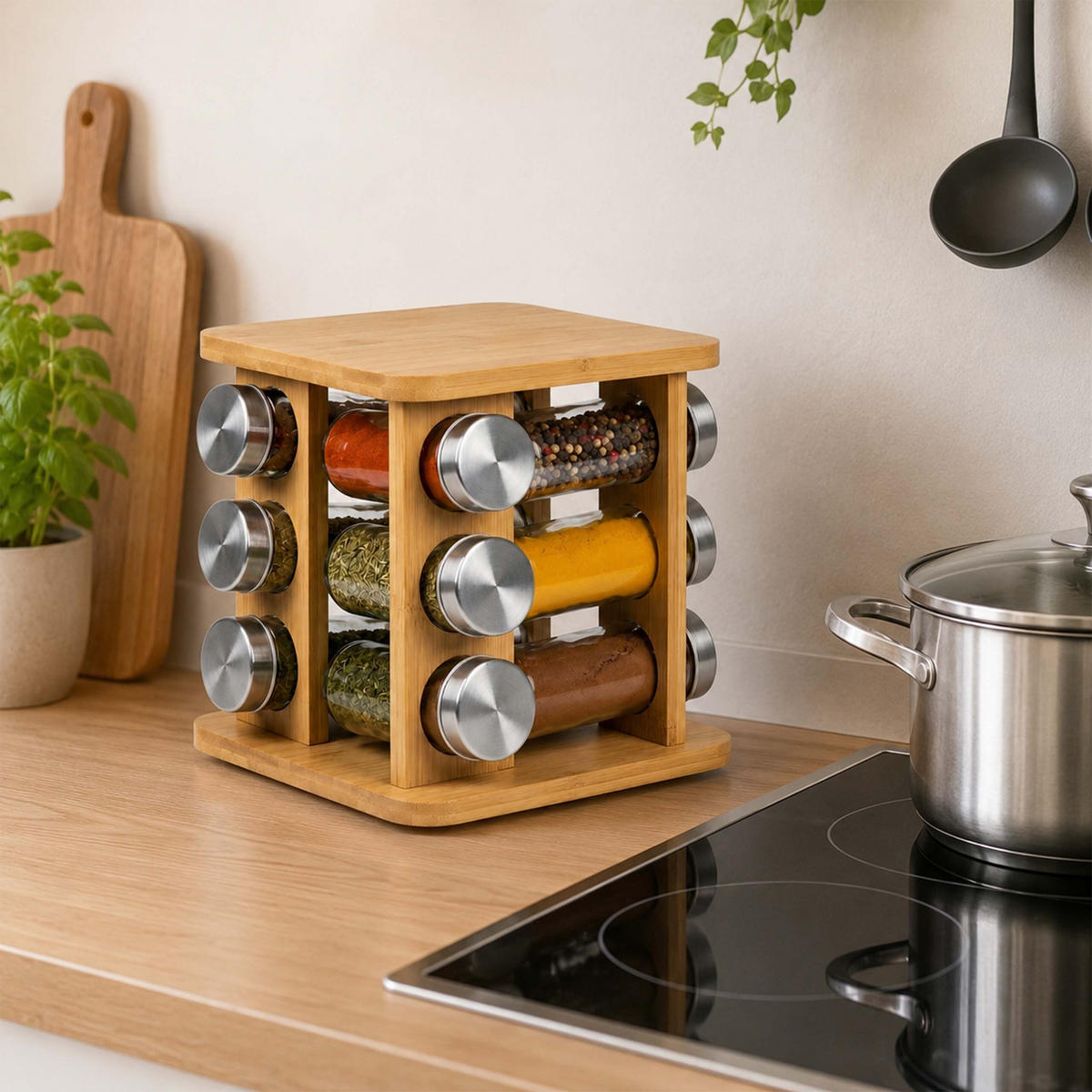 GEWÜRZKARUSSELL Natur Bambus 12er-Set - Multicolor, Glas/Holz (17/21/17cm) - Relaxdays