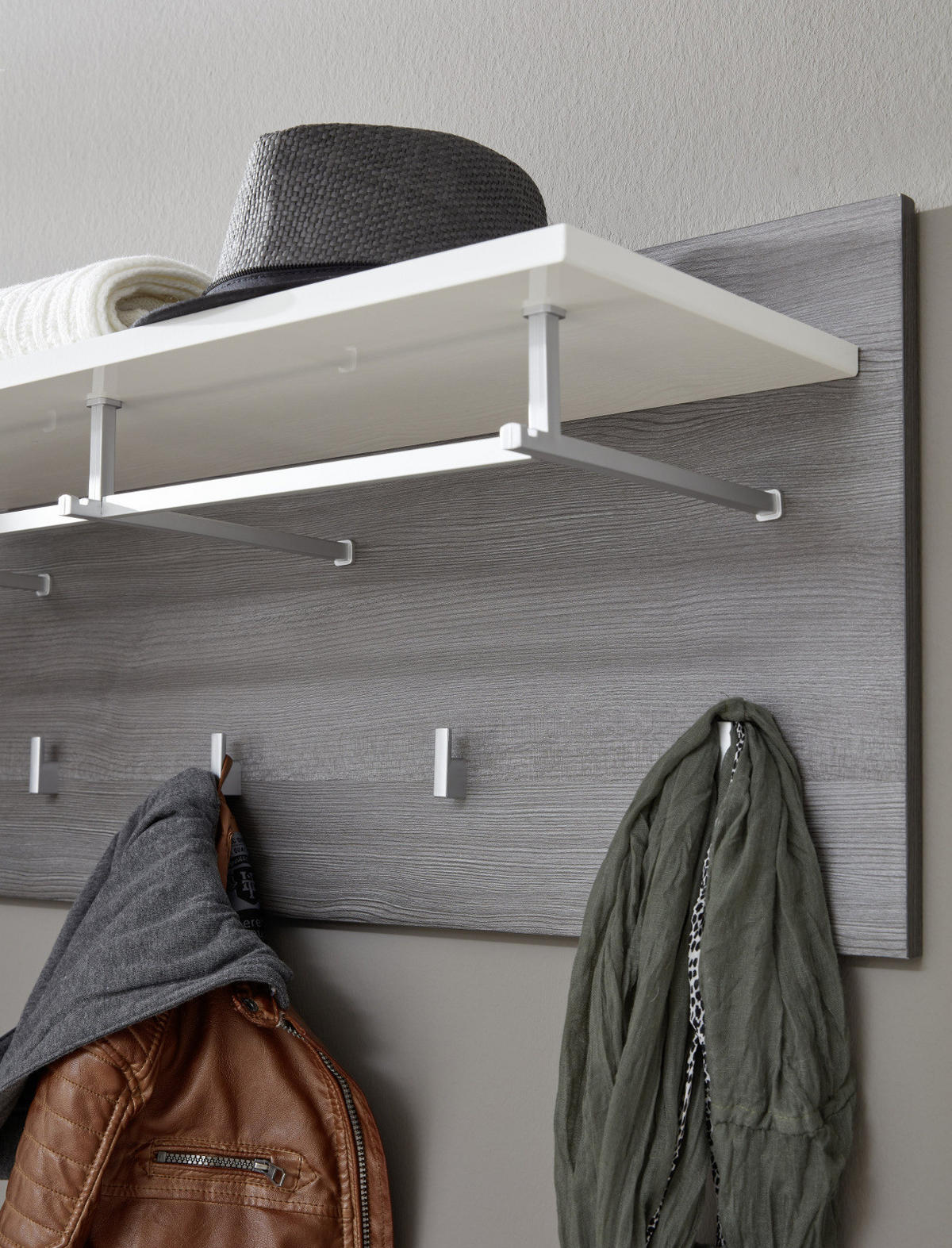 GARDEROBENPANEEL Hochglanz weiß, Sardegna grau, Wandgarderobe 80 x 40 cm - Weiß Hochglanz/Grau, Holzwerkstoff (80/40/28cm) - Top.Furn