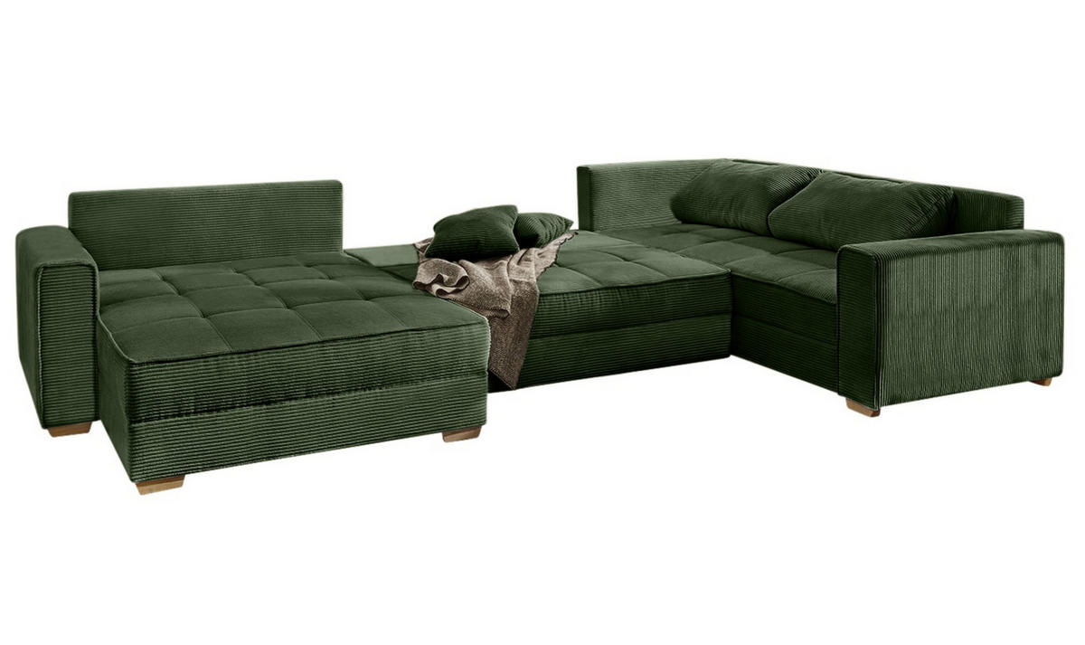 WOHNLANDSCHAFT Schlaffunktion Bettkasten Wellenunterfederung, spiegelverkehrt montierbar U-Form B379/T227/H86 cm, Cord Grün / 15199 - Eichefarben/Grün, Holz/Textil (379/86/227cm) - luma-home