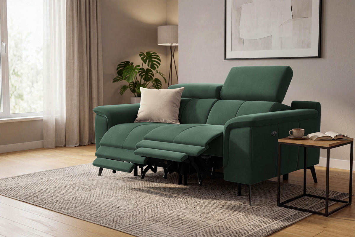 SOFA RELAX FIERO 2-Sitzer, Grüner Veloursstoff - Schwarz/Grün, Holz/Textil (170/82/103cm) - Courtois Laville