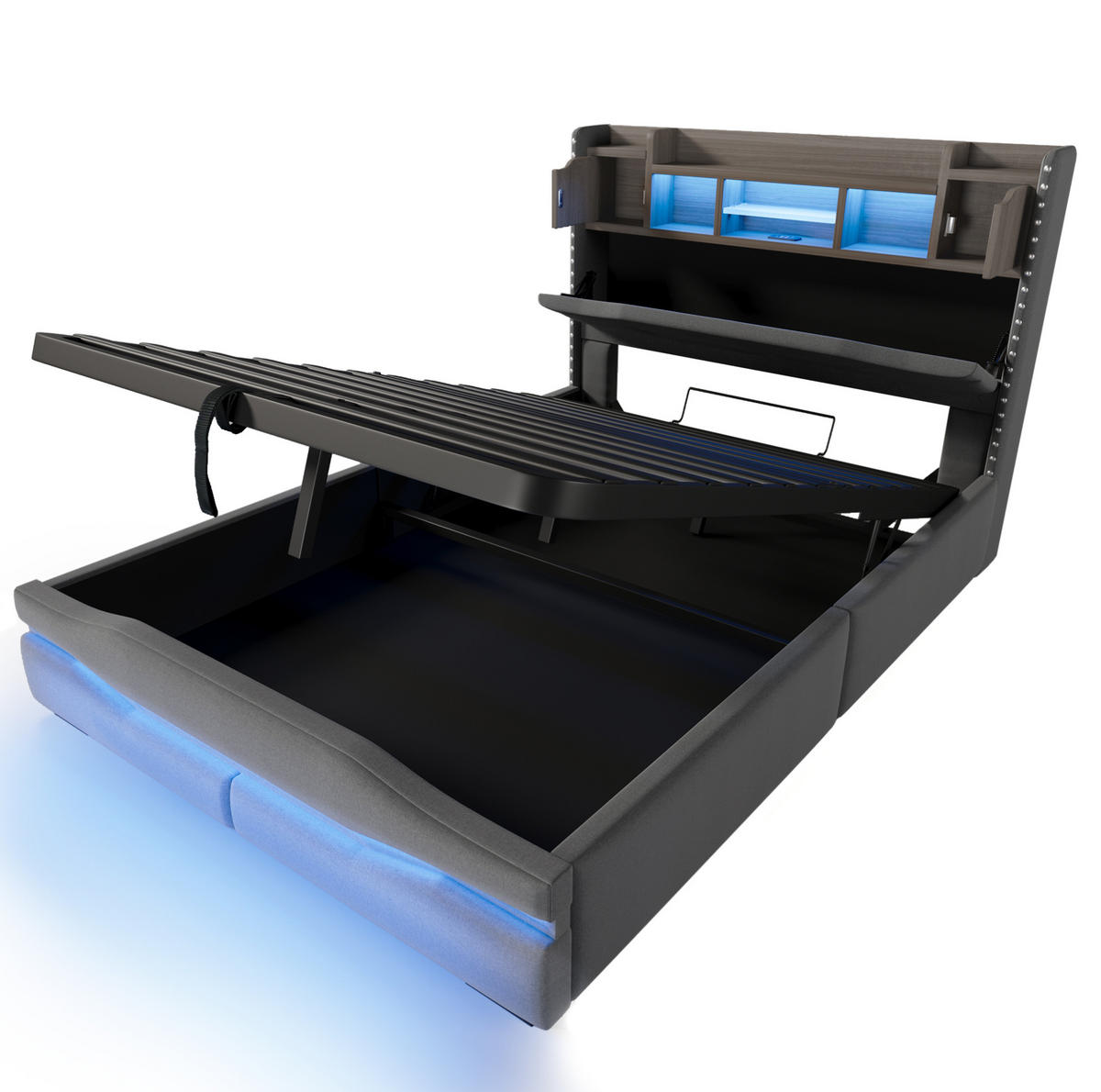 ČALÚNENÁ posteľ 140/200 cm s hydraulickým úložným priestorom, LED osvetlením, USB/Typ-C nabíjaním a čelom s odkladacím priestorom, Sivá - sivá, textil (140/200cm) - Redom