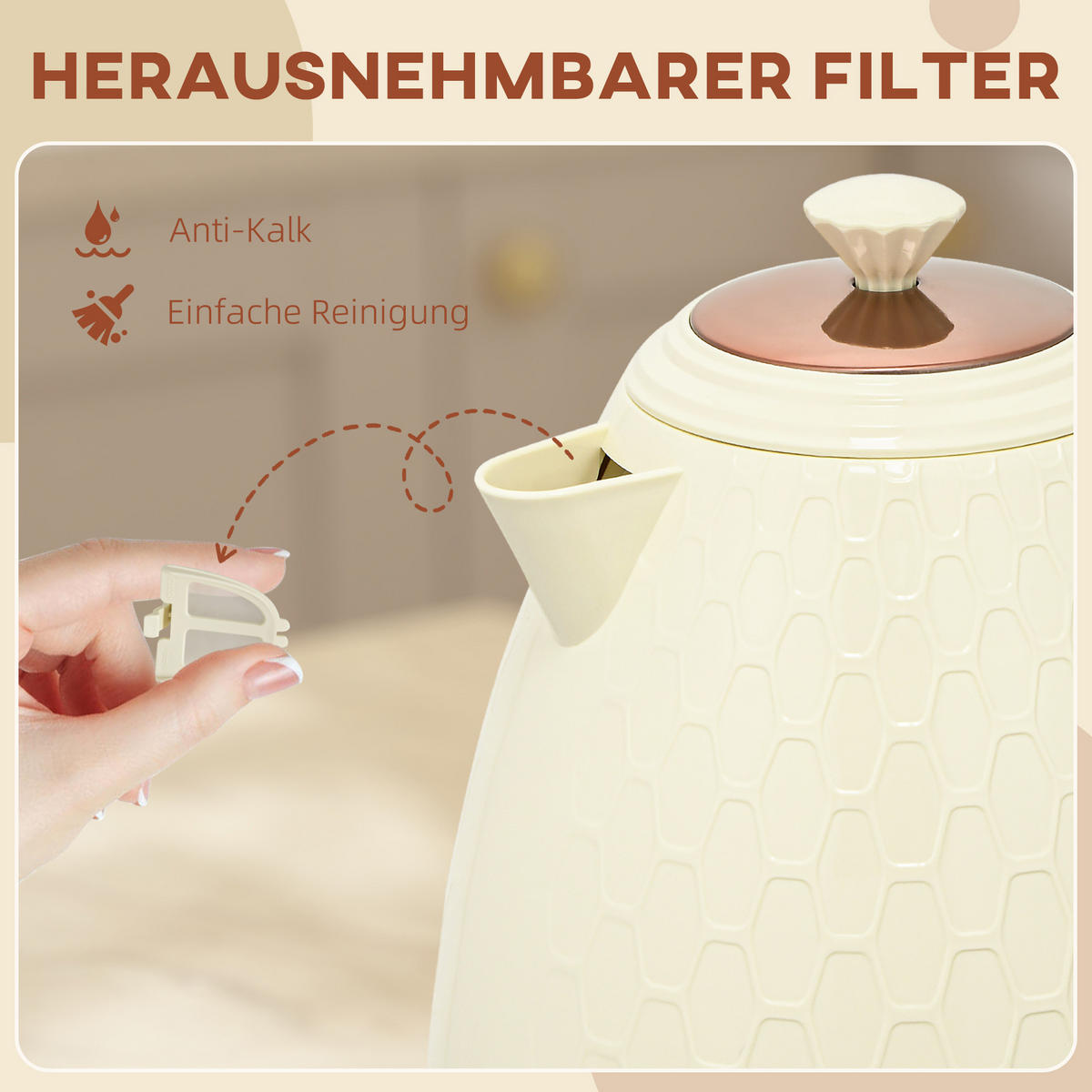WASSERKOCHER DE-07915 2200W, 1,7L mit Sichtfenster Beige - Beige, Kunststoff (19.5/23.4/24.2cm) - ComfortXL