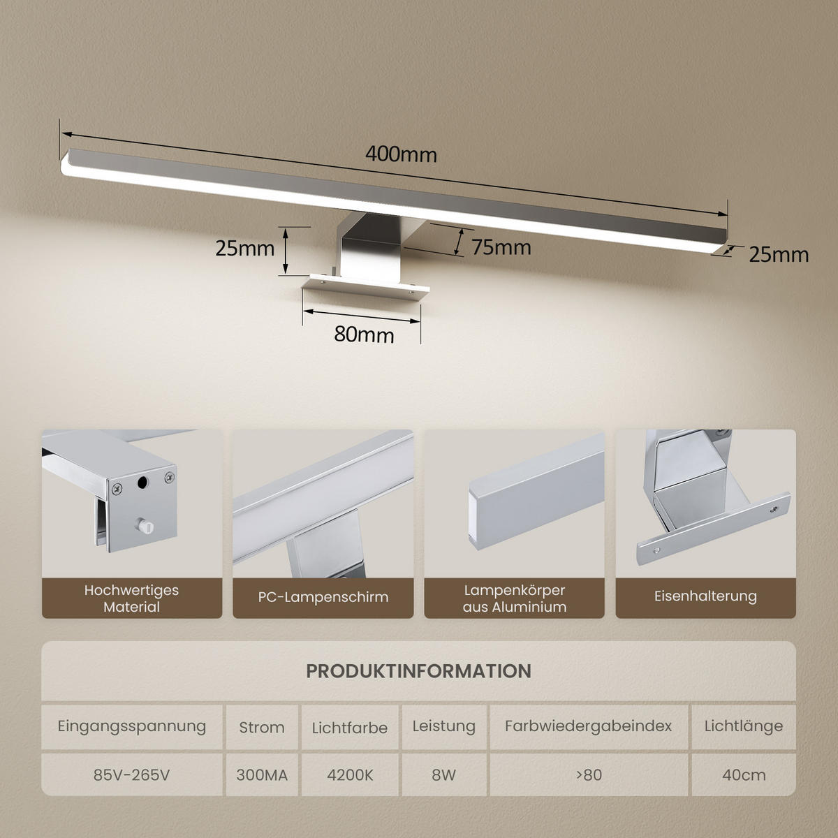 SPIEGELLEUCHTE LED Weiß 6000K 40/10,5/4 cm - Weiß, Kunststoff (4/40/10.5cm) - EMKE