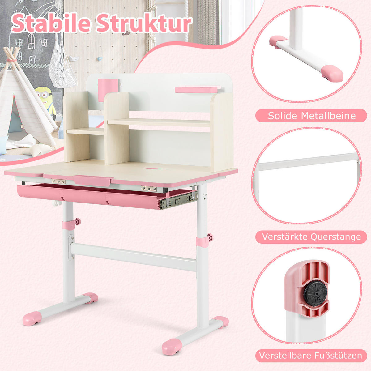 KINDERSCHREIBTISCH Höhenverstellbarer rosa - Pink, Metall (80/88/51cm) - COSTWAY