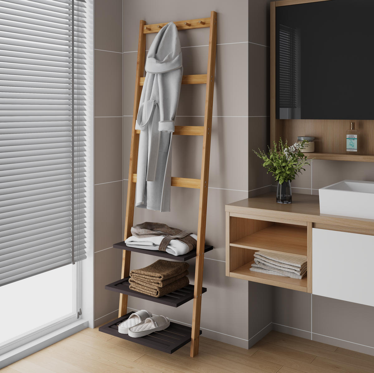 HOCHSCHRANK mit 2 offenen Fächern Bambus Natur - Braun, Holzwerkstoff (28.5/183/52cm) - Beauniv